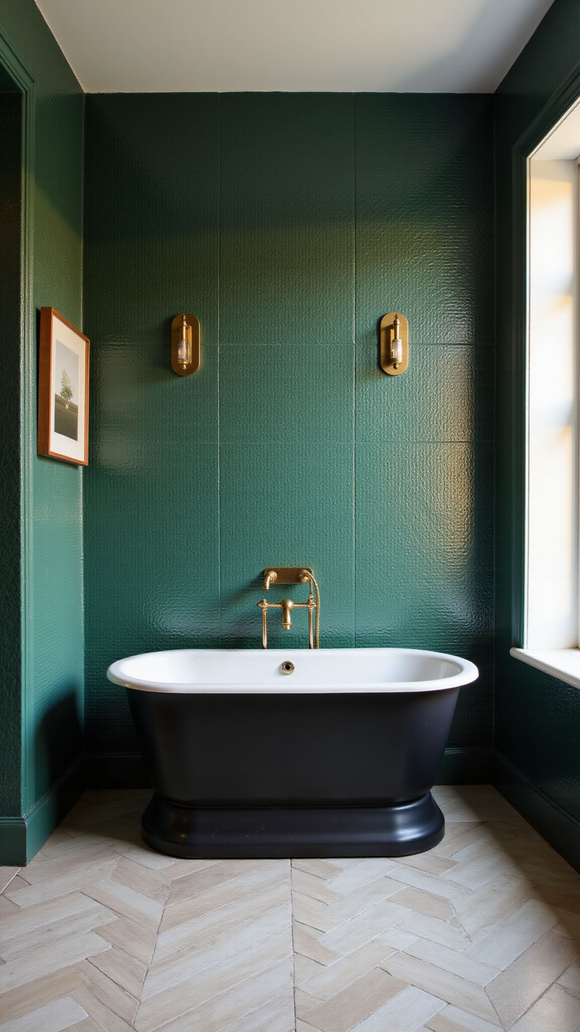 Elegant emerald green bathroom with 3D tile feature wall, matte black tub, brass accents, and herringbone limestone floor in golden hour light.