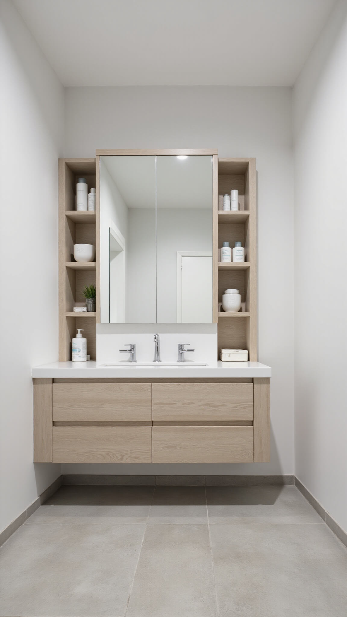 Bird's eye view of a minimalist 9x11ft bathroom with white hidden cabinets, bleached oak floating double vanity, LED-lit recessed niches, and a multi-functional mirror concealing storage.