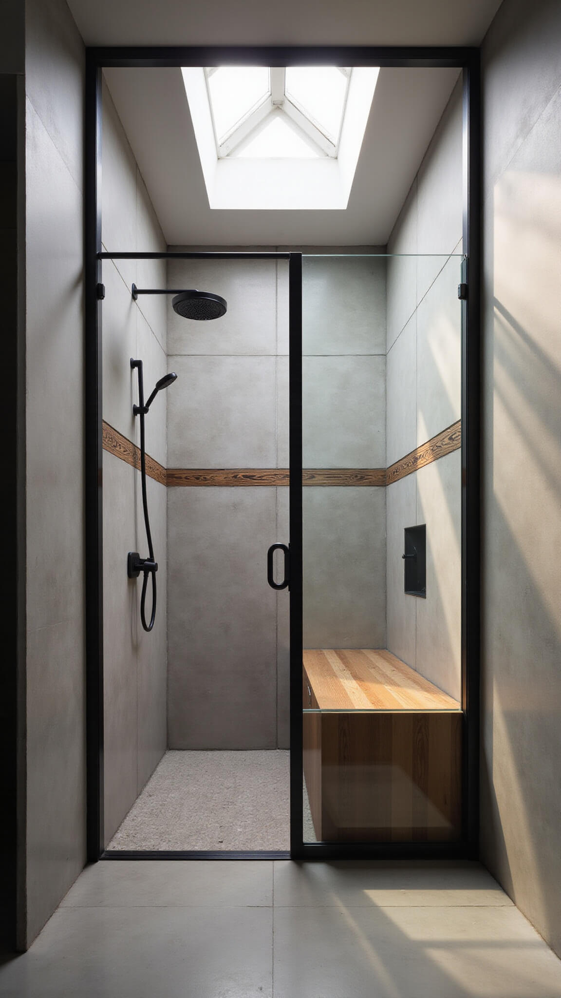 Industrial-modern bathroom with concrete-look tiles, wood accents, black-framed glass shower, asymmetrical skylight, and dramatic dawn lighting.