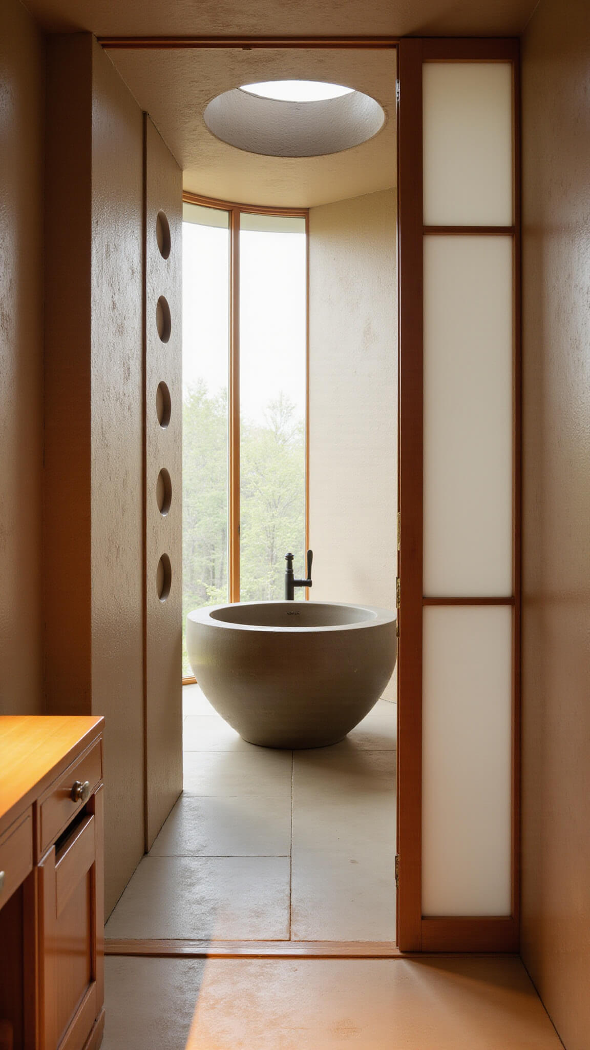 Zen-style 12x12ft bathroom with curved taupe plaster walls, oval soaking tub under skylight, bamboo storage, and shoji screens in soft morning light.