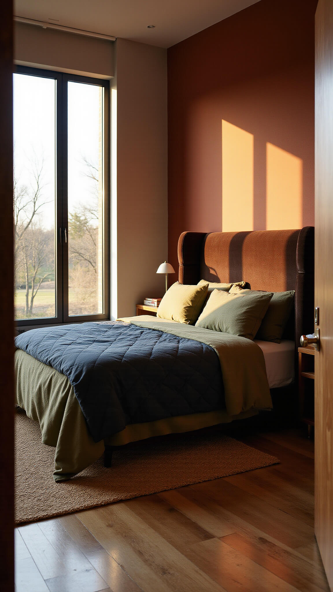 A warm, sunlit 14x16ft bedroom with a tall chocolate velvet curved headboard against a terracotta wall, layered earth-tone bedding, oak floors, and a jute rug, viewed at an angle from the doorway.