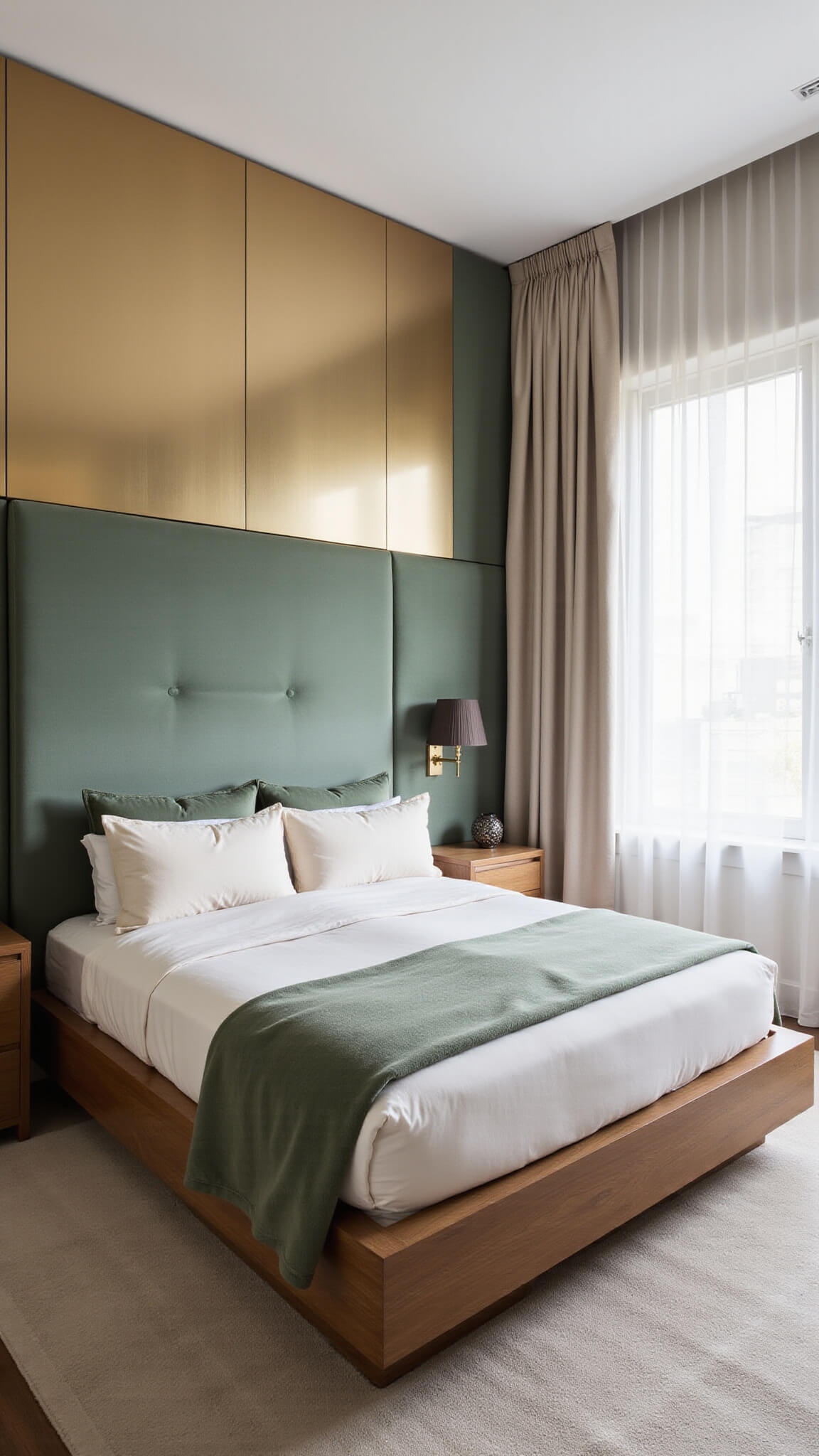 Modern bedroom with 12ft wide asymmetrical headboard in brushed brass and sage green velvet, walnut king bed with cream linens, lit by morning sun through sheer curtains.