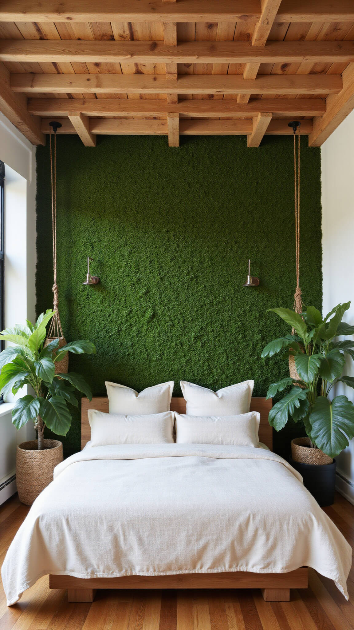 Biophilic bedroom with moss wall behind teak bed, exposed wooden beams, large indoor plants, and natural linen bedding in warm daylight.