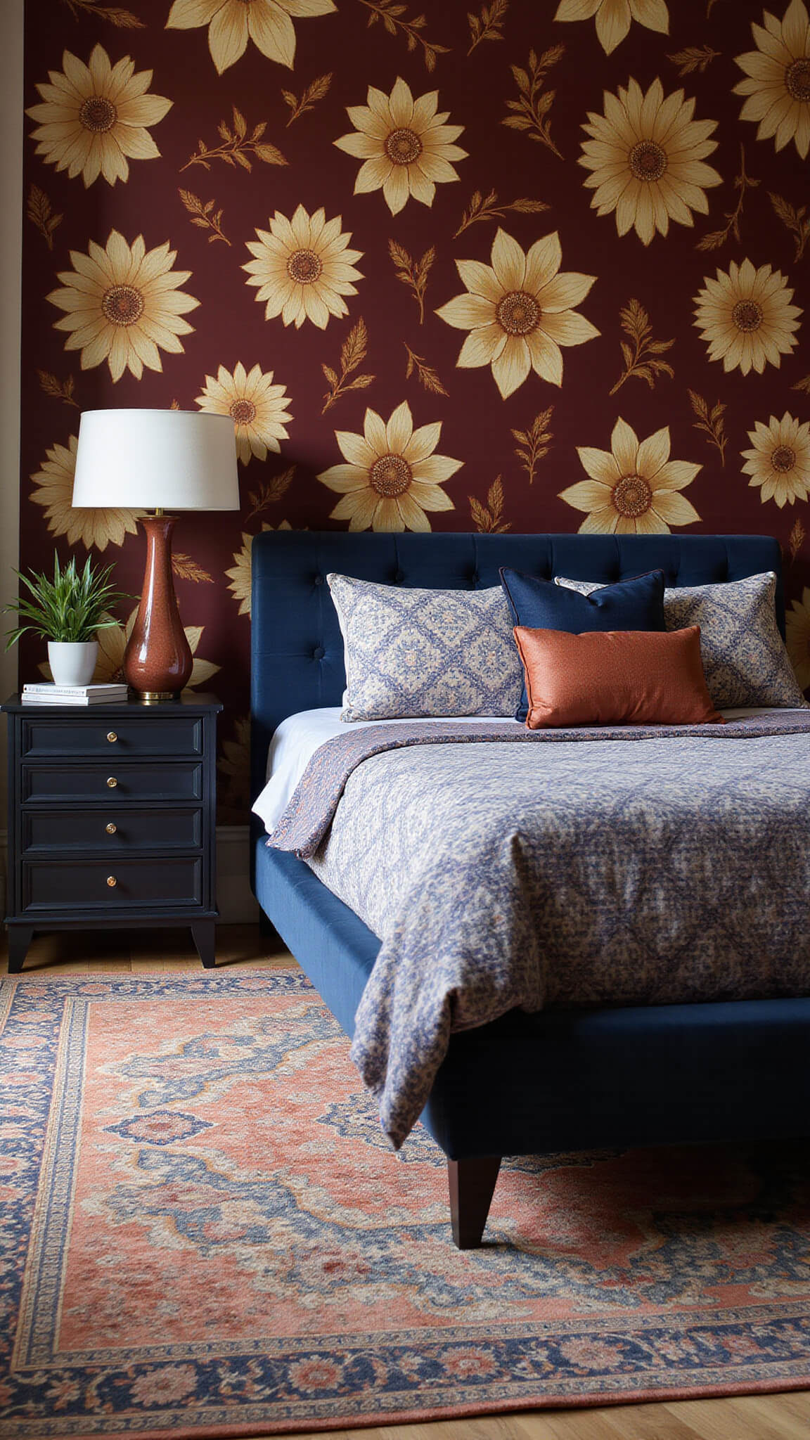 Contemporary bedroom with bold burgundy and gold floral wallpaper, geometric navy and copper bedding, and modern Persian rug, captured at bed height in dramatic afternoon light.
