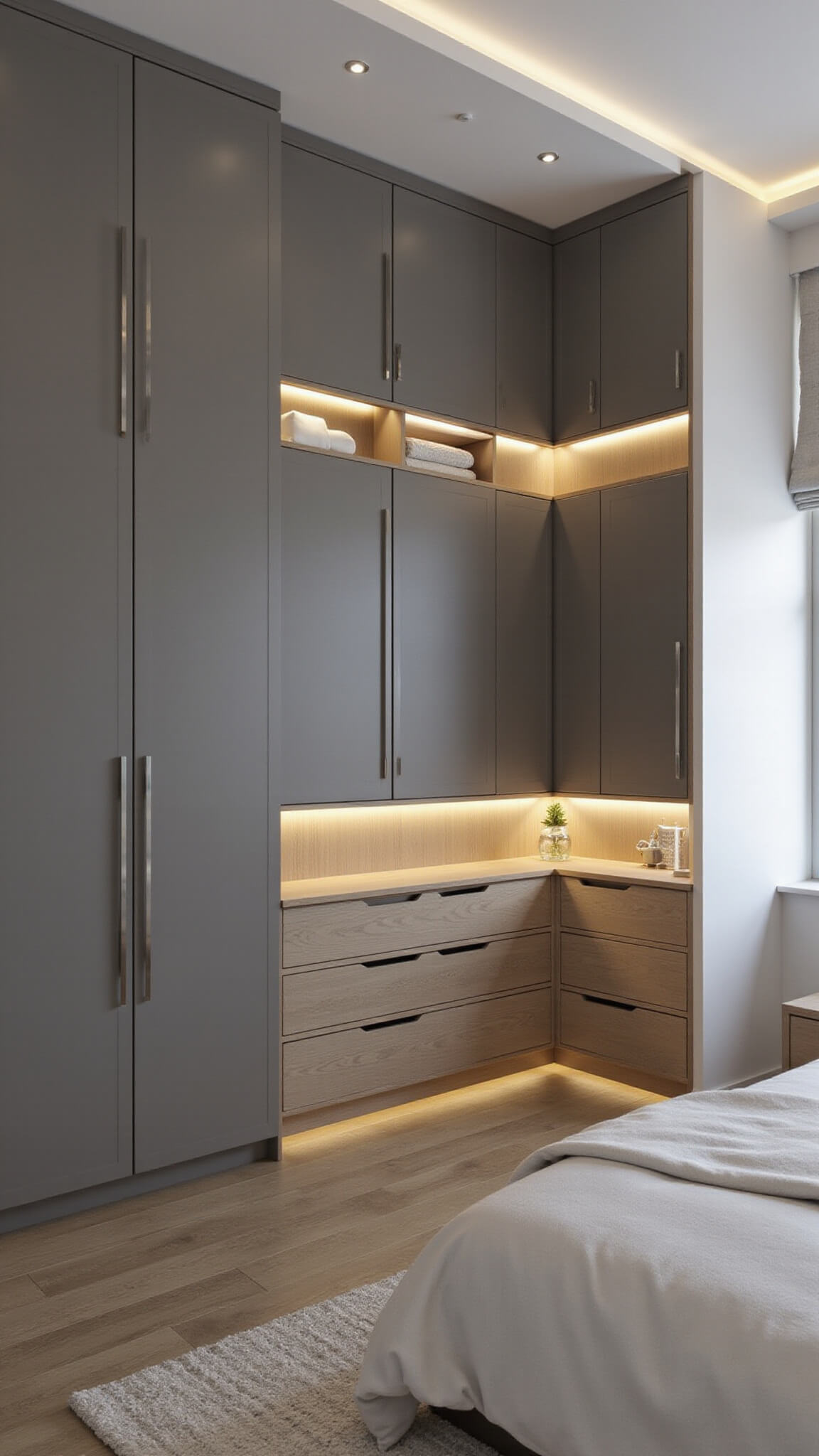 Minimalist 12x14ft bedroom with built-in taupe wardrobes, platform bed with storage, and wireless charging bedside tables, lit by cool morning and warm artificial light.
