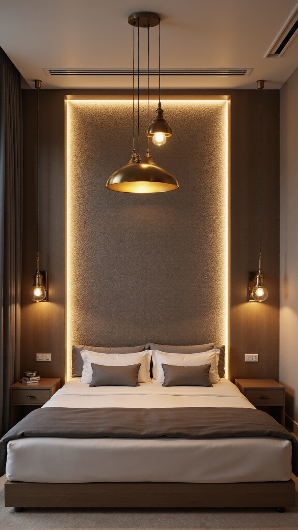 Modern bedroom with sculptural brass pendant lights, LED headboard accents, and cove lighting on textured wallpaper, shot at dusk with full ceiling view.