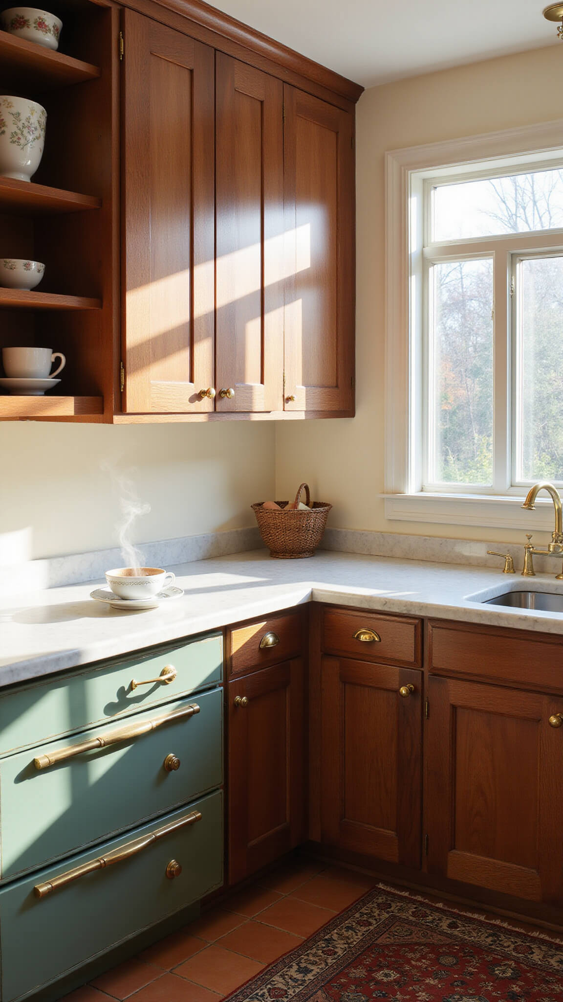 Warm morning light fills a cozy kitchen with walnut cabinets, a sage green island, terracotta tiles, and a marble counter with steam rising from a coffee cup.