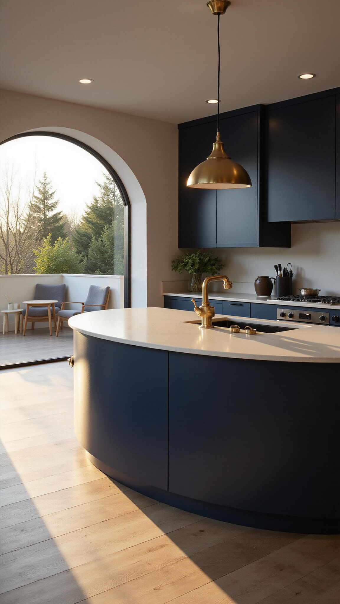 Contemporary kitchen with large curved matte navy island, brass pendant lights, white oak flooring, and golden hour lighting.