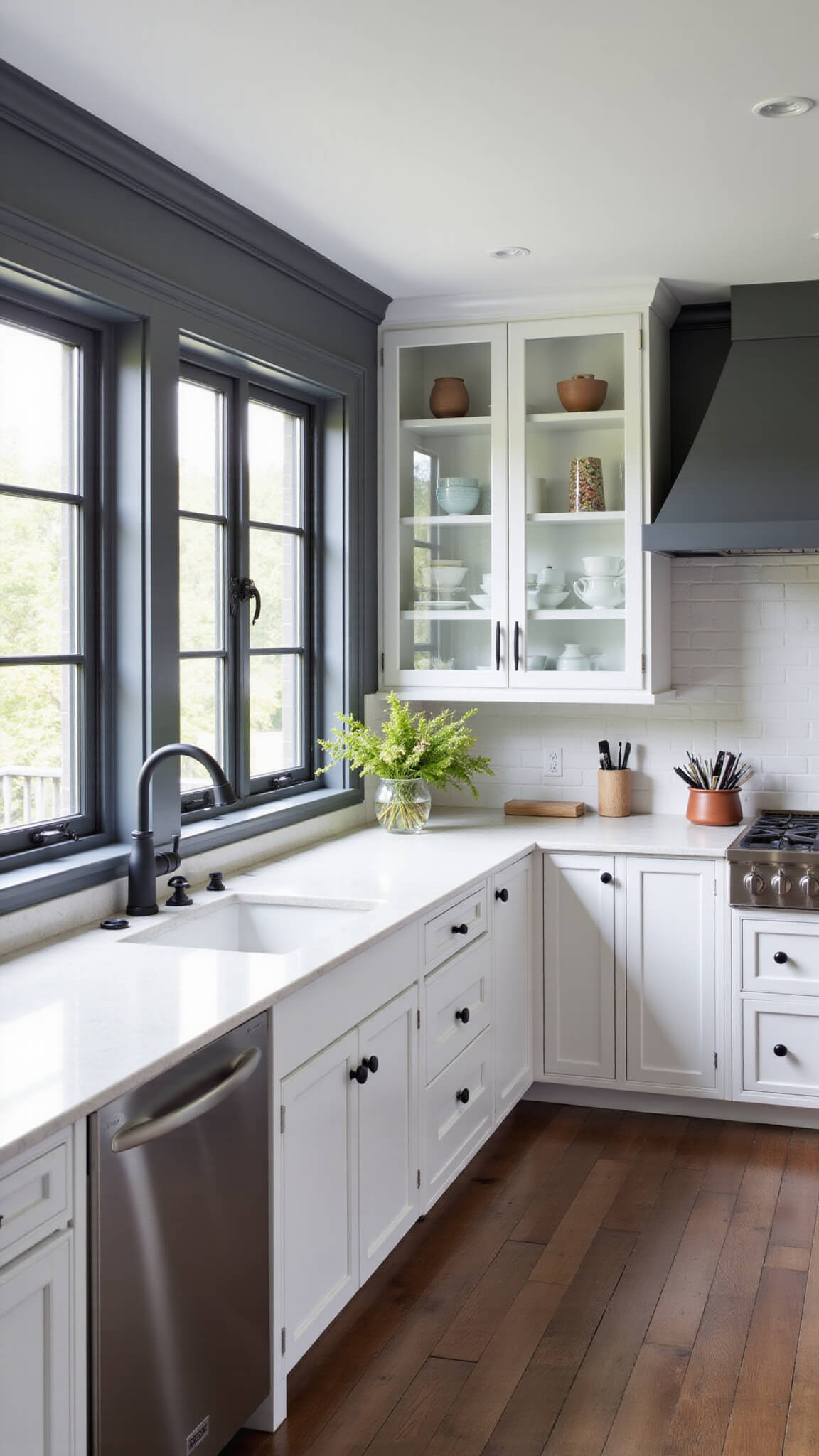 Fusion kitchen with white shaker cabinets, charcoal crown molding, glass-front uppers displaying ceramics, and morning light through divided windows.