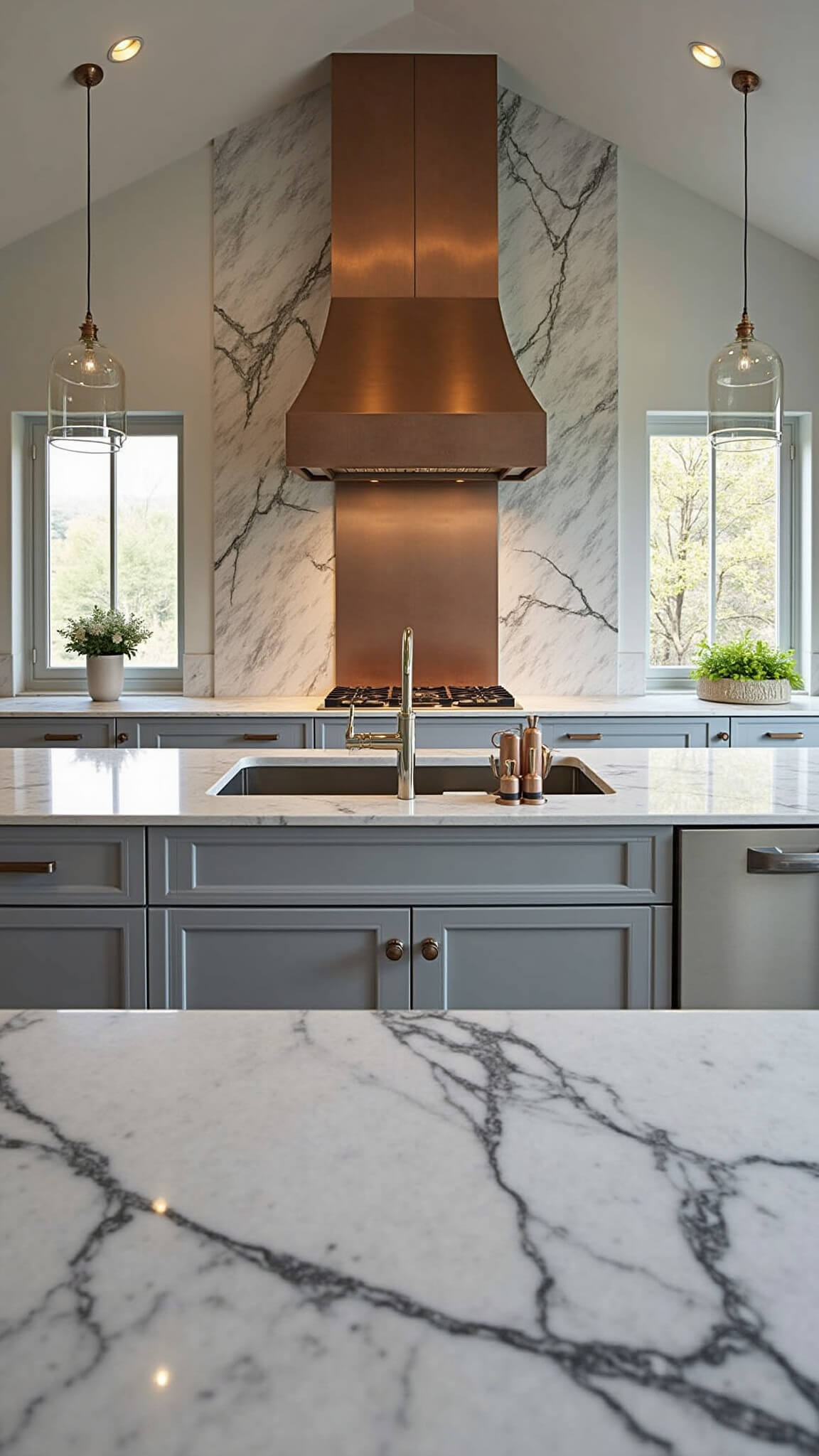 Modern statement kitchen with tall marble backsplash, bold grey veining, copper accent tiles, and smoked glass pendant lights, shot from low angle with HDR for balanced lighting.