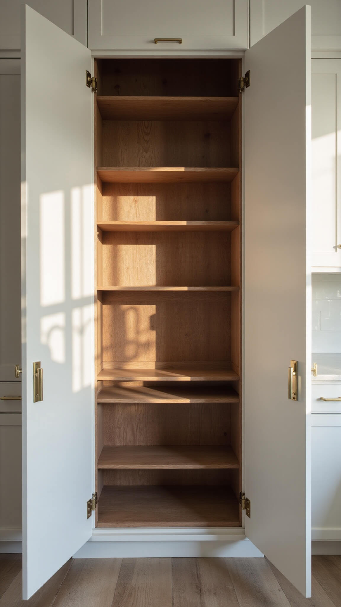 Minimalist kitchen with hidden pantry in full-height cabinetry; open doors reveal custom walnut interior and organized storage, highlighted by afternoon light and studio illumination.