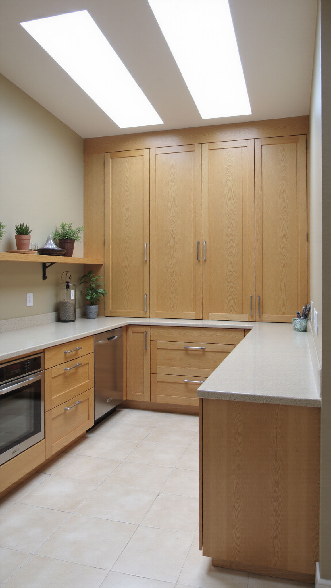 Expansive 16x20ft kitchen with 12ft ceiling, warm greige floor-to-ceiling storage, natural oak drawer organizers, and brushed bronze appliance garage, illuminated by morning skylight.