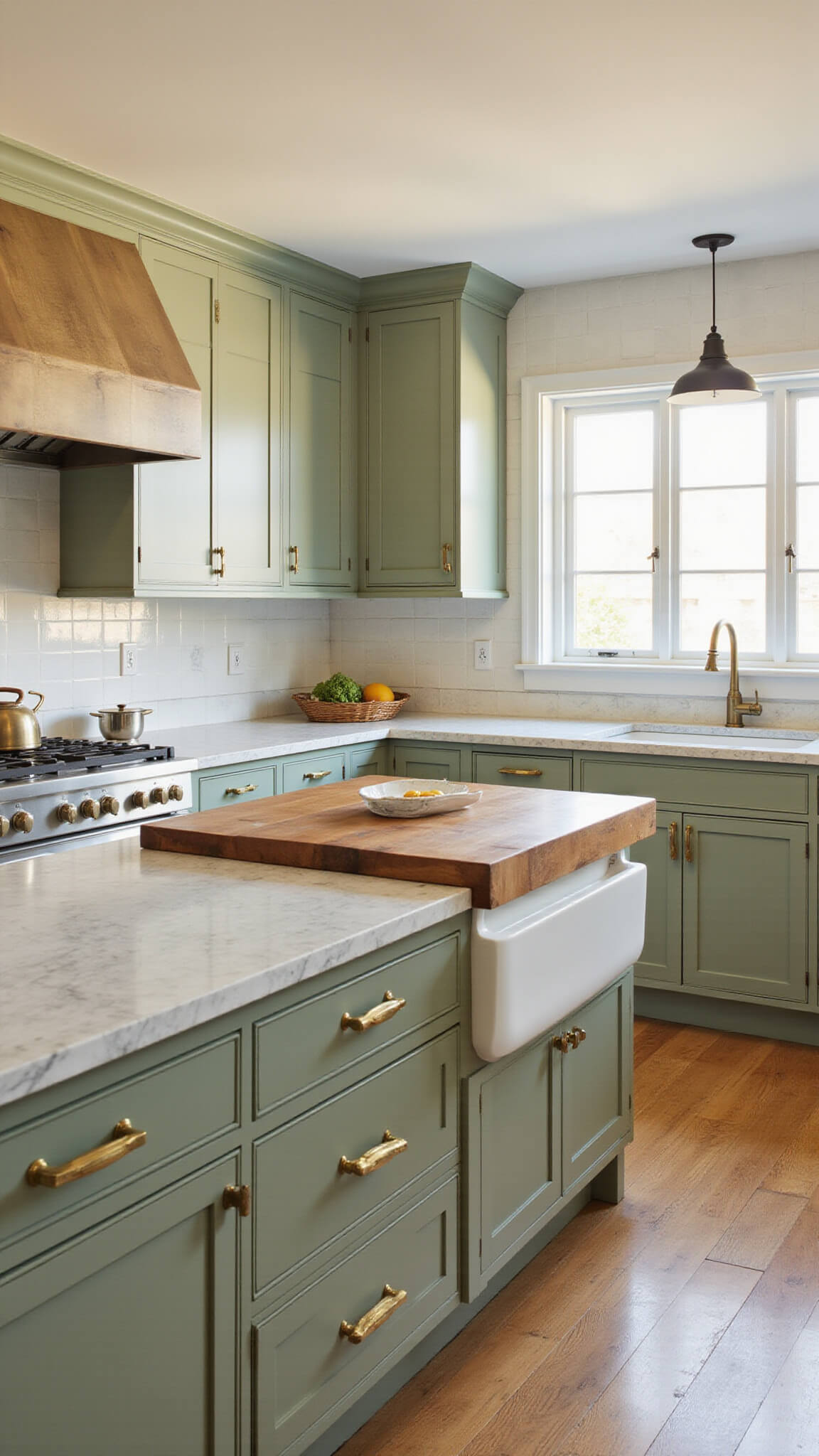 Timeless kitchen with sage green cabinets, marble counters, white oak floors, brass hardware, and butcher block island bathed in warm afternoon light.