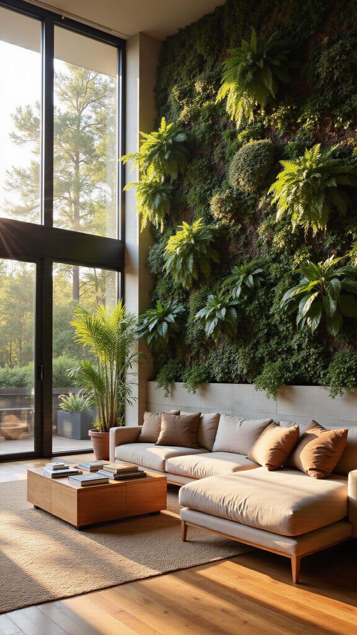 Contemporary living room with floor-to-ceiling windows, living wall of ferns and philodendrons, limestone accent wall, teak floors, beige bouclé sofa, and jute rug bathed in golden hour light.