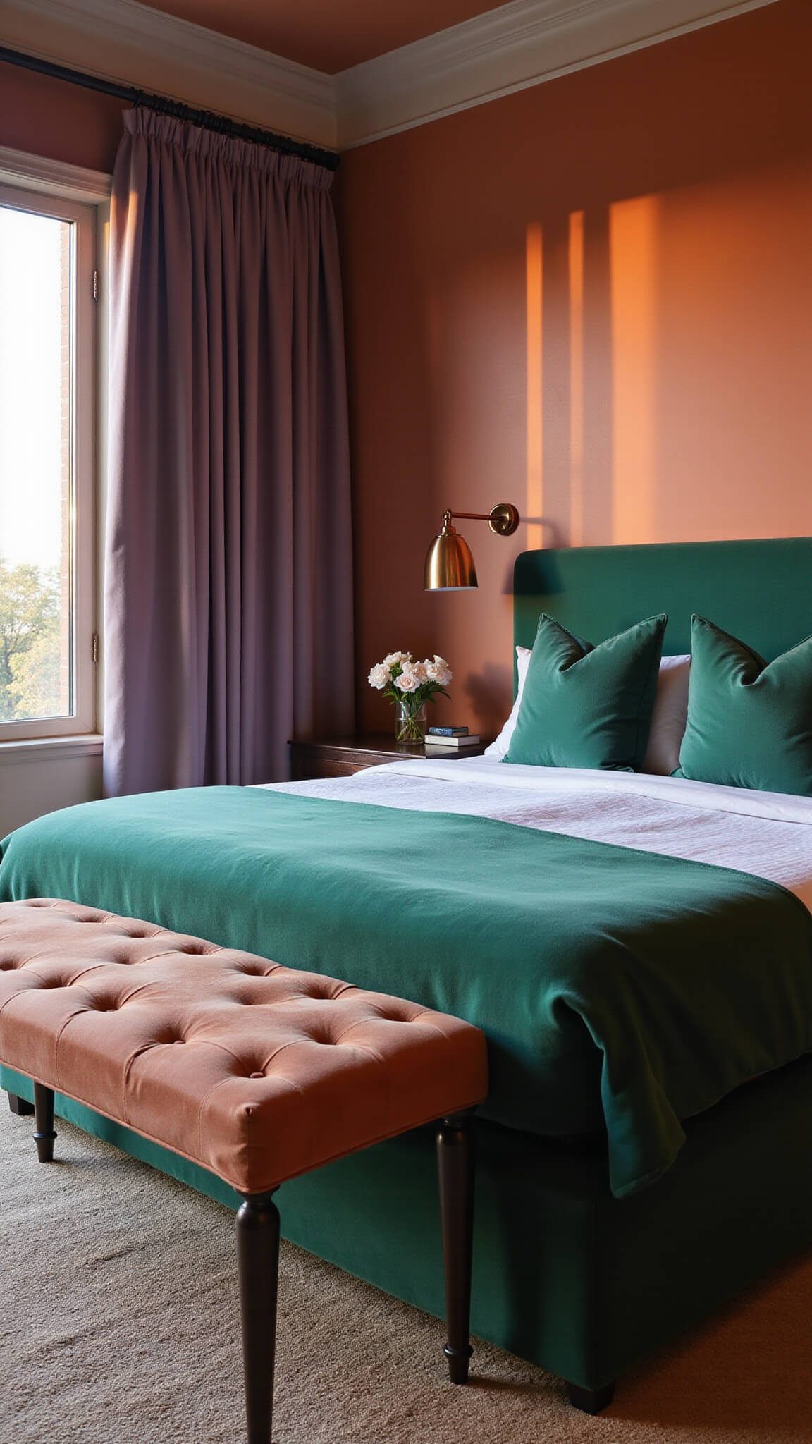 Master bedroom at twilight with emerald green velvet headboard, terracotta accent wall, digital lavender silk drapes, brushed bronze lighting, and rose gold mirror accents, showcasing 2025's color palette in layered warm and cool lighting.