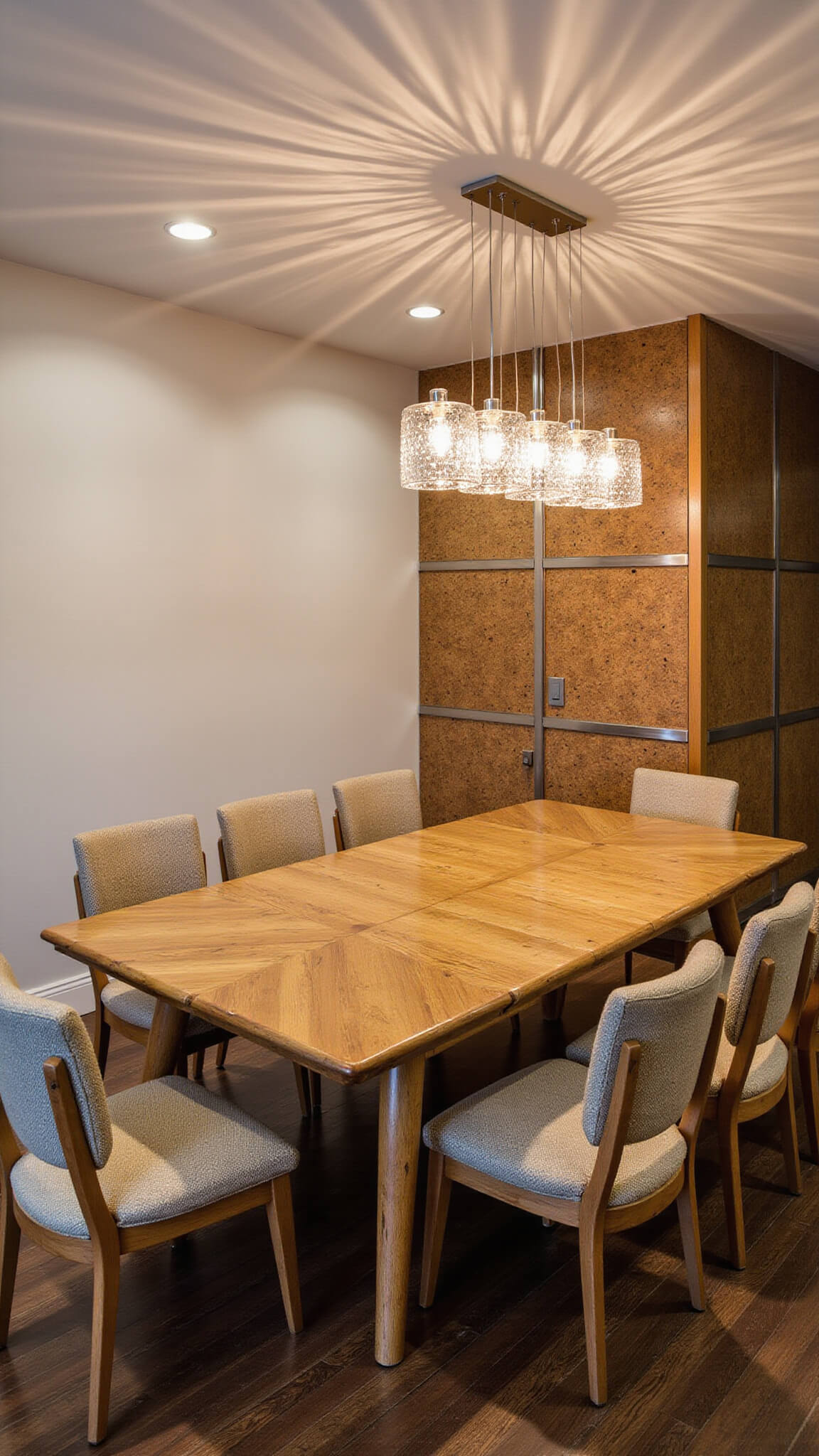 High-angle view of a 15x15ft sustainable luxury dining space featuring a reclaimed bamboo table for eight, vintage mid-century chairs with organic hemp upholstery, a recycled glass chandelier casting prismatic light, a cork accent wall with metallic inlays, and dramatic overhead lighting highlighting eco-friendly material textures.