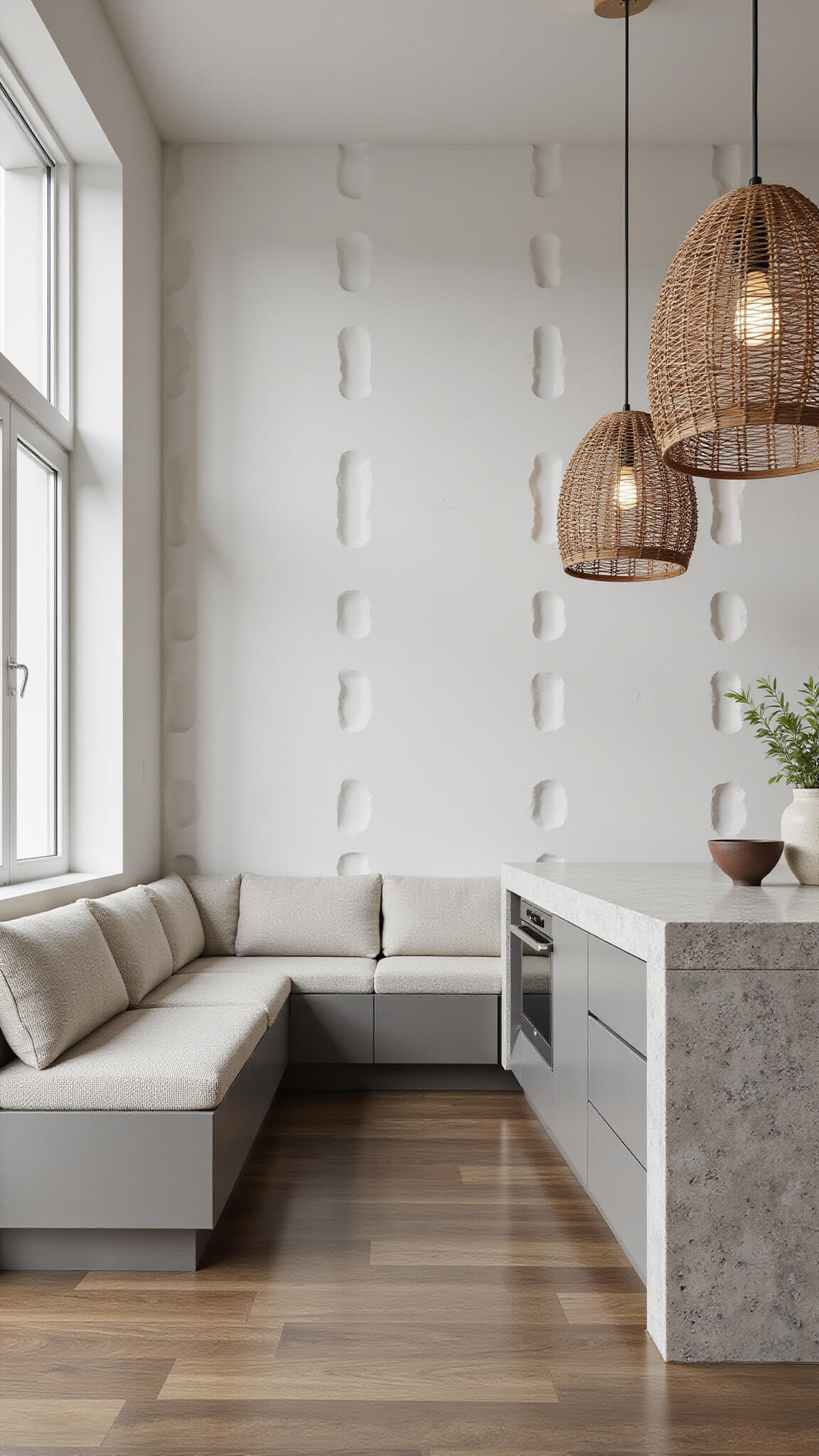 Modern 20x15ft kitchen with matte white 3D wall panels, bouclé breakfast nook, mixed-material island, woven pendant lights, and soft side lighting highlighting textures.