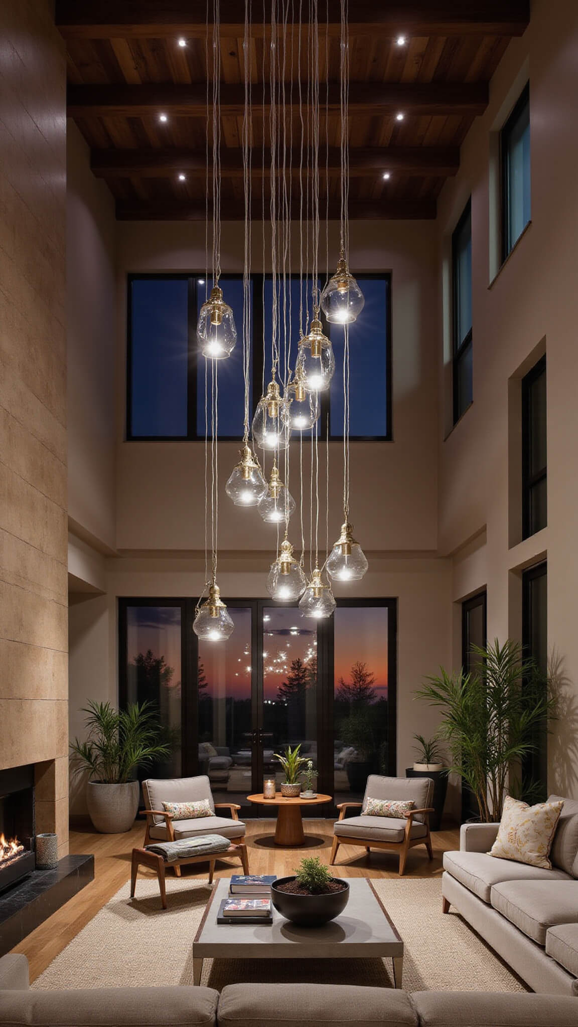 Evening great room with layered lighting, featuring floating LED ceiling art, color-changing smart bulbs in geometric brass pendants, and ambient lighting in custom millwork, viewed from a low angle with modernist neutral-toned furniture.