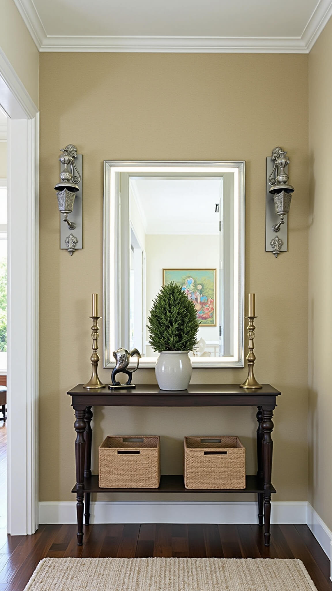 Transitional 12x14ft foyer featuring vintage console table below modern LED mirror, flanked by smart lighting sconces on grasscloth wallpaper; potted olive tree adds biophilic touch, mixed brushed metal accents enhance trend integration, with balanced natural and artificial lighting.