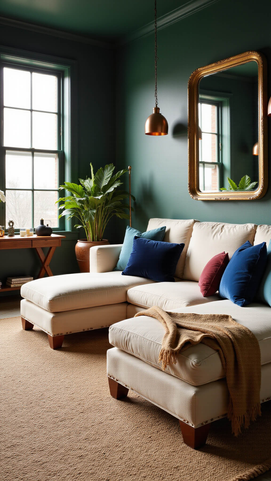 Elegant living room with emerald walls, cream sectional, jewel-toned pillows, brass mirror, and golden hour light streaming through large windows.