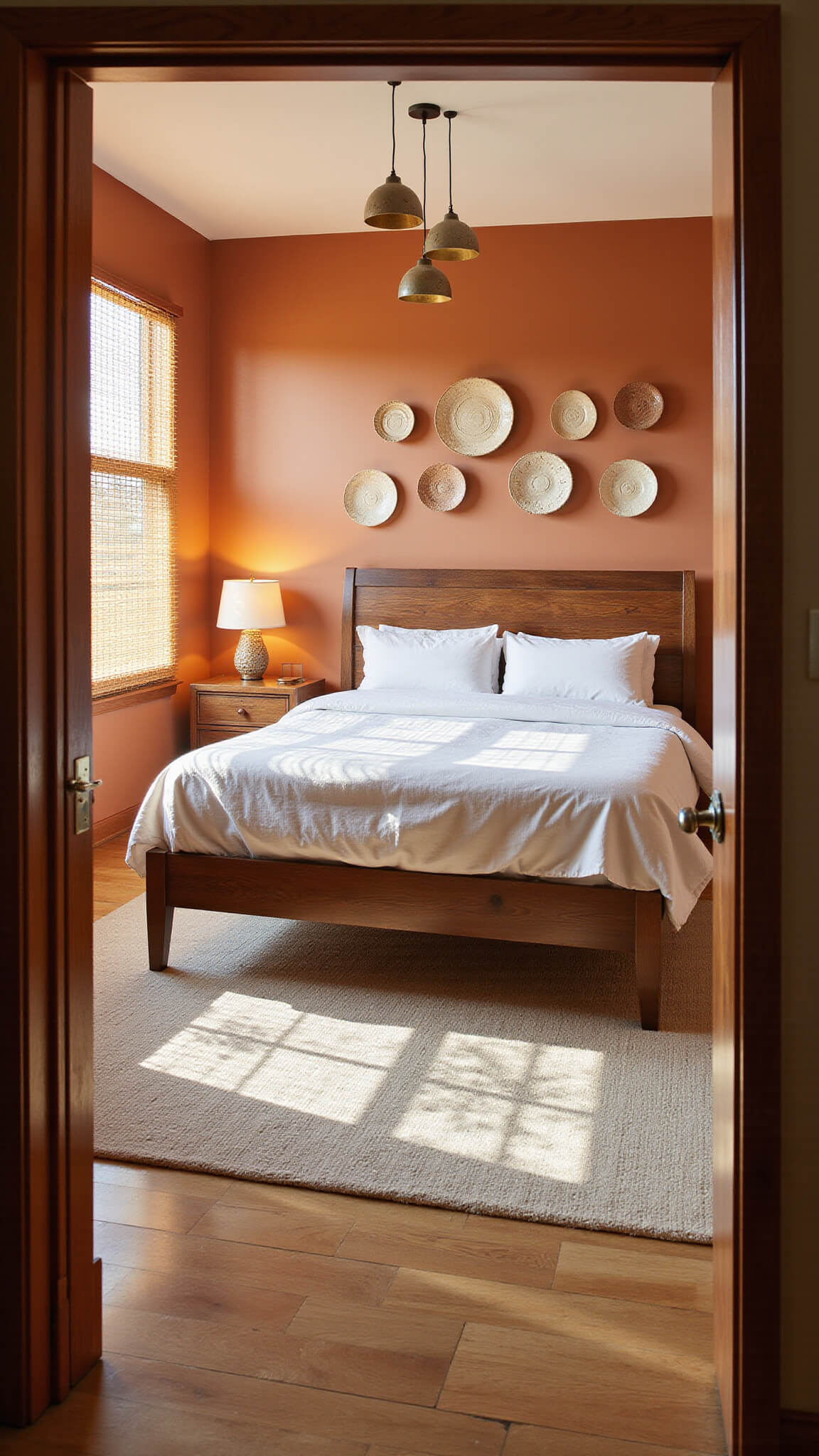 Sustainable 12x14ft bedroom with mid-century walnut bed, bamboo blinds, terracotta walls, artisan fiber art, and reclaimed wood accents in warm morning light.