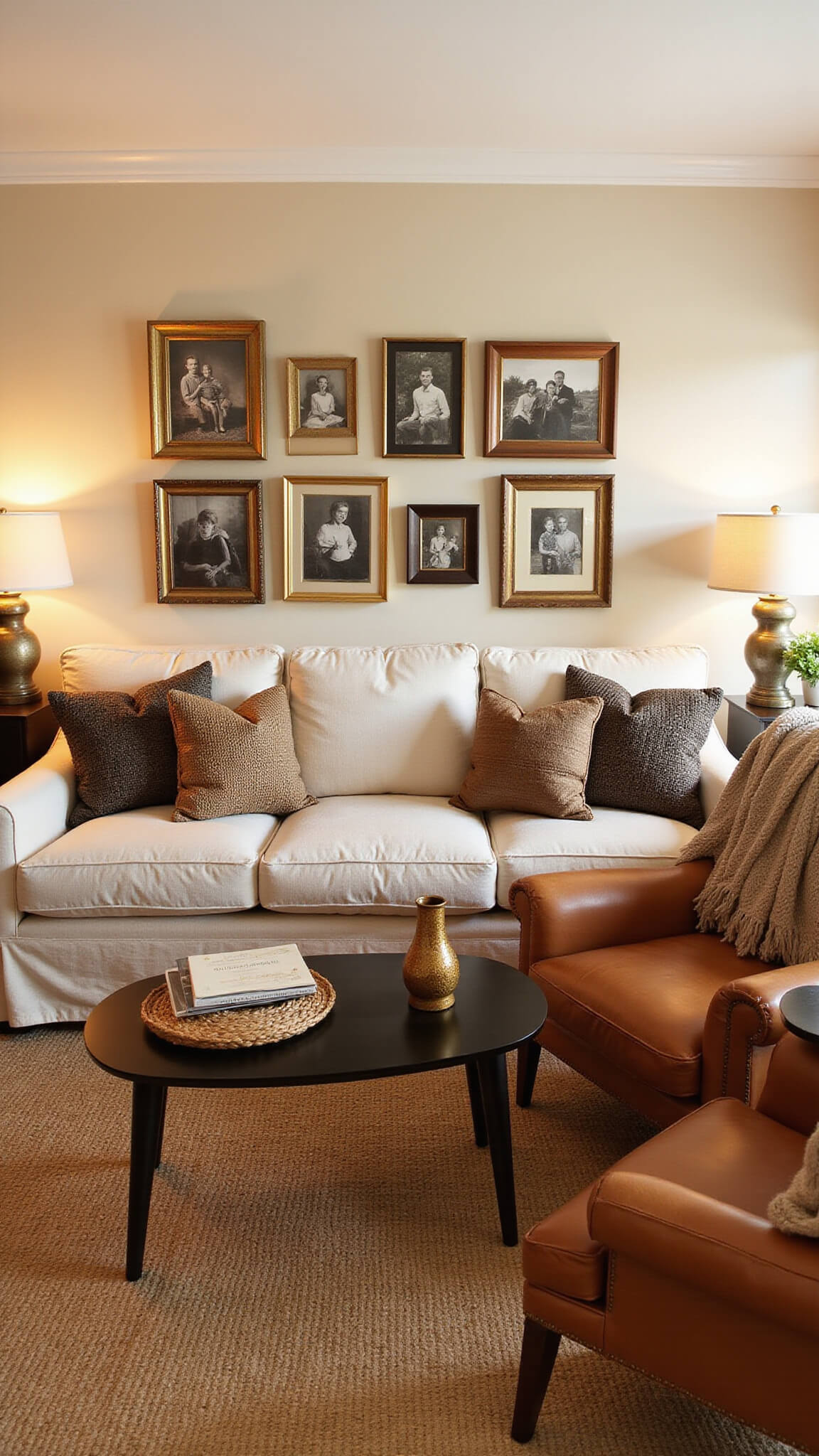 Cozy 16x18ft family room at dusk with linen sofa, vintage leather armchairs, layered rugs, gallery wall of family photos, and warm mood lighting.