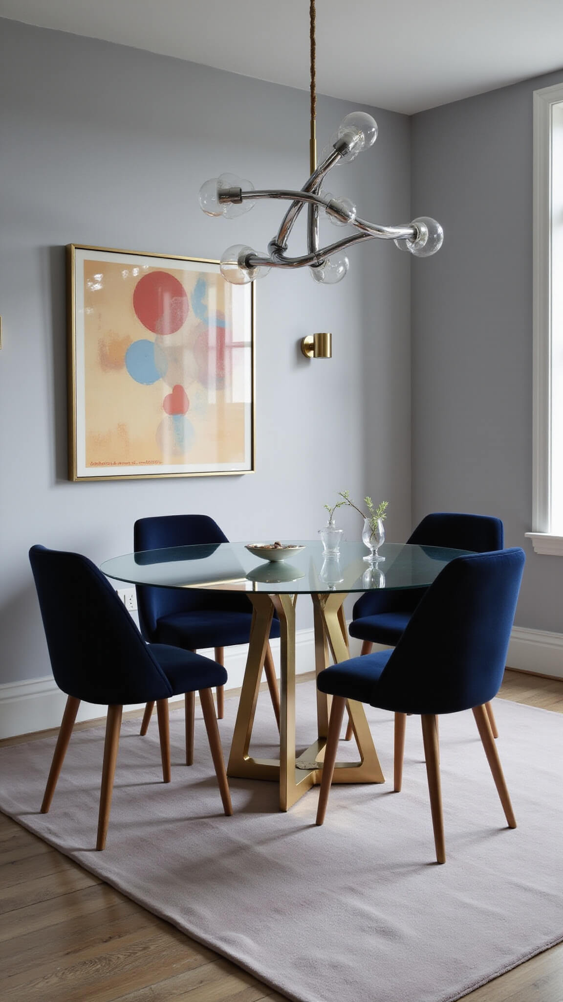 Modern 14x16ft dining room with 90s-inspired decor, featuring a chrome chandelier, glass table with brass base, navy velvet chairs, and abstract pastel artwork on soft gray walls.
