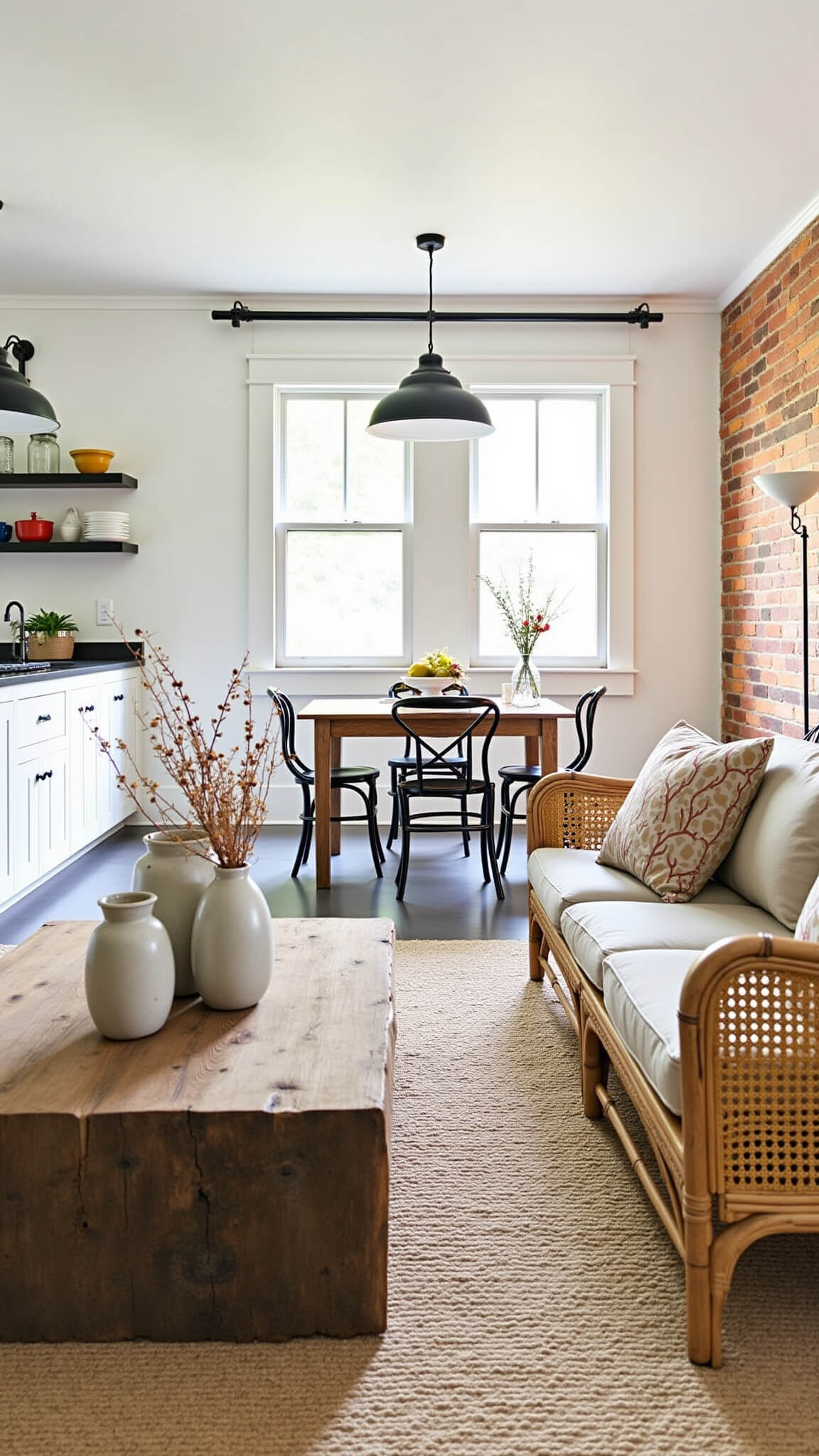 Sunlit cottage-industrial kitchen-sitting area with white brick walls, matte black lighting, rattan chairs, and dried botanicals on a reclaimed wood coffee table.