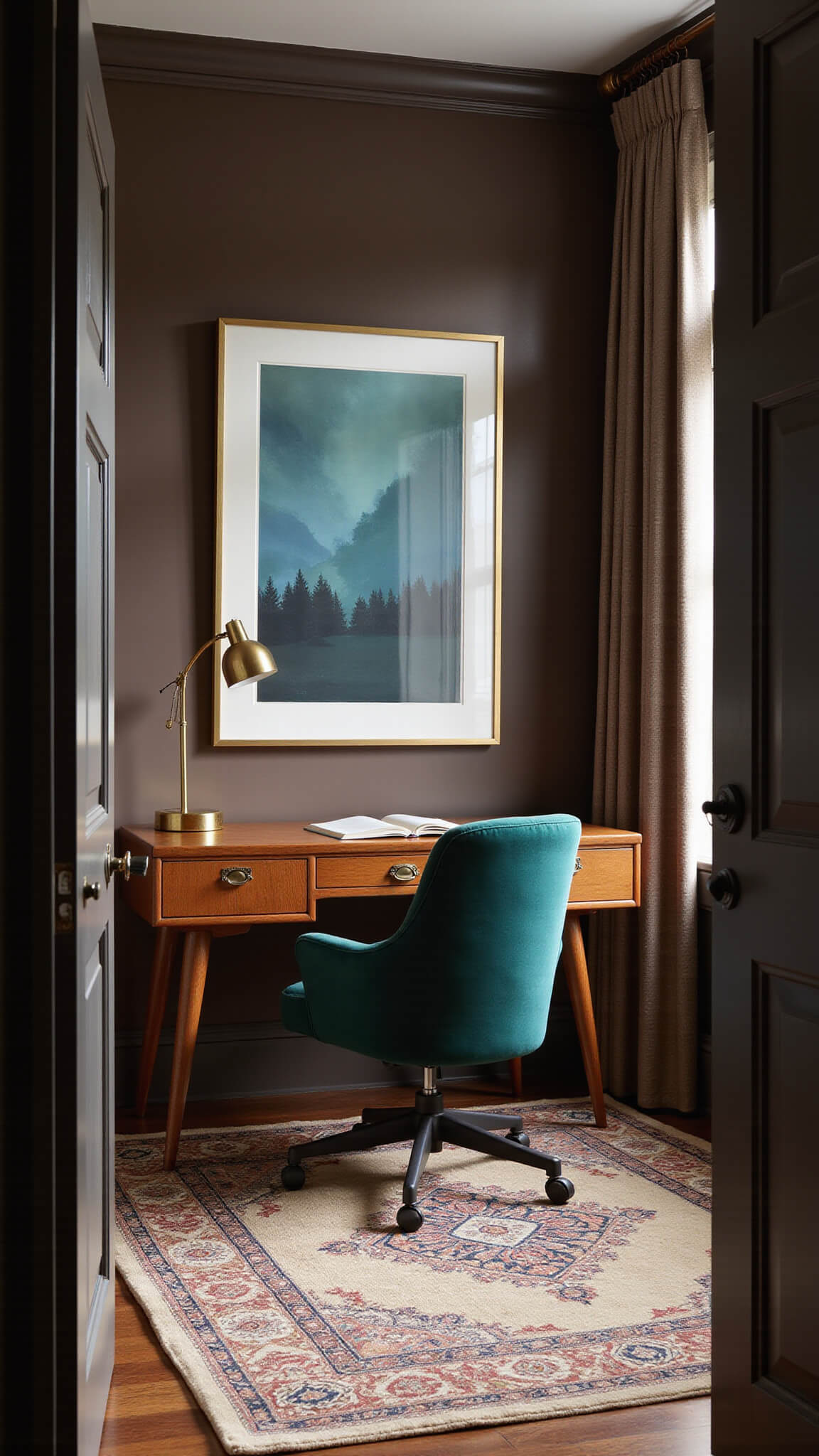 Luxurious 13x15ft home office with deep mocha walls, brass-framed art, burled wood desk, forest green velvet chair, vintage Persian rug over sisal, and moody brass and LED lighting during blue hour.