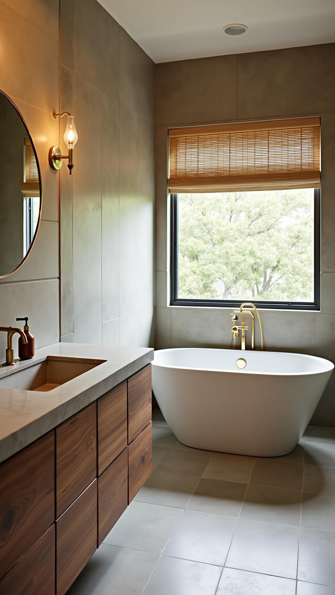 Spa-like primary bathroom with earth-toned ceramic tiles, reclaimed teak floating vanity, brass fixtures, aged copper mirror, bamboo blinds, and soaking tub in soft morning light.