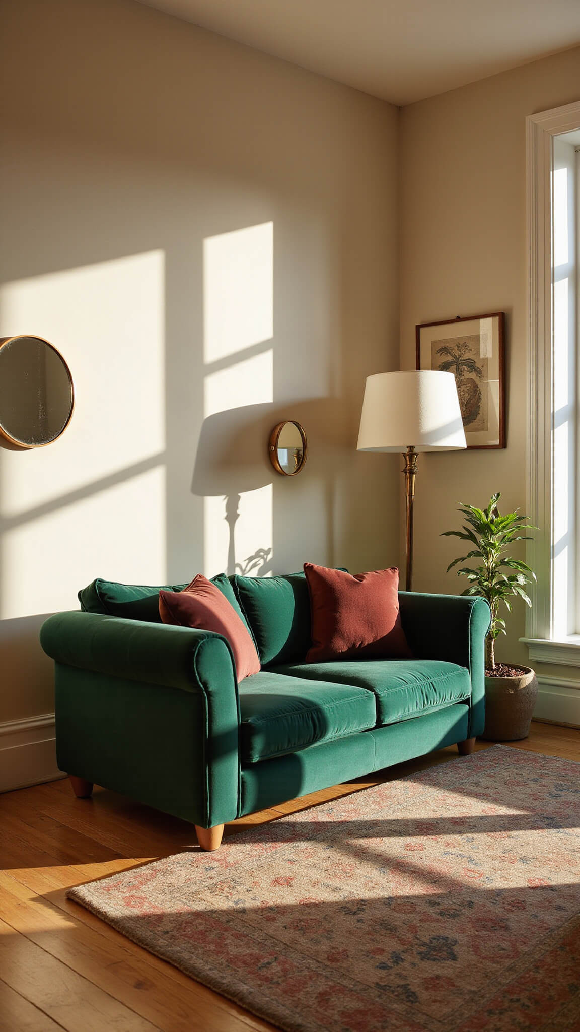 Contemporary sunlit living room with emerald green velvet sofa, gold accents, and warm-toned decor at golden hour.