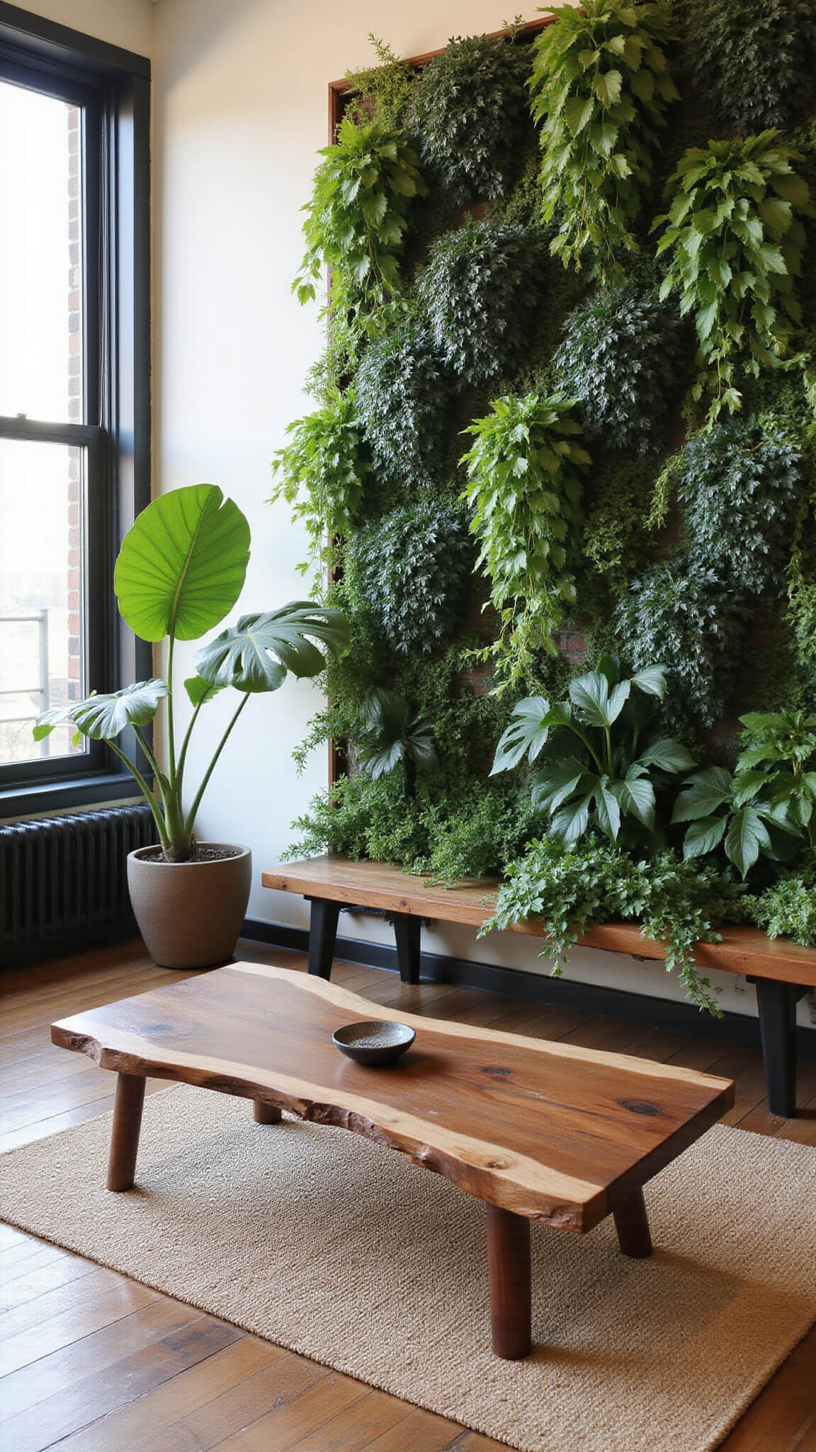 Low-angle view of a bright 18x22ft living room with an 8ft green living wall of pothos, ferns, and philodendrons, a walnut coffee table on a jute rug, cream walls, black steel-framed windows, and a large monstera in a ceramic pot.