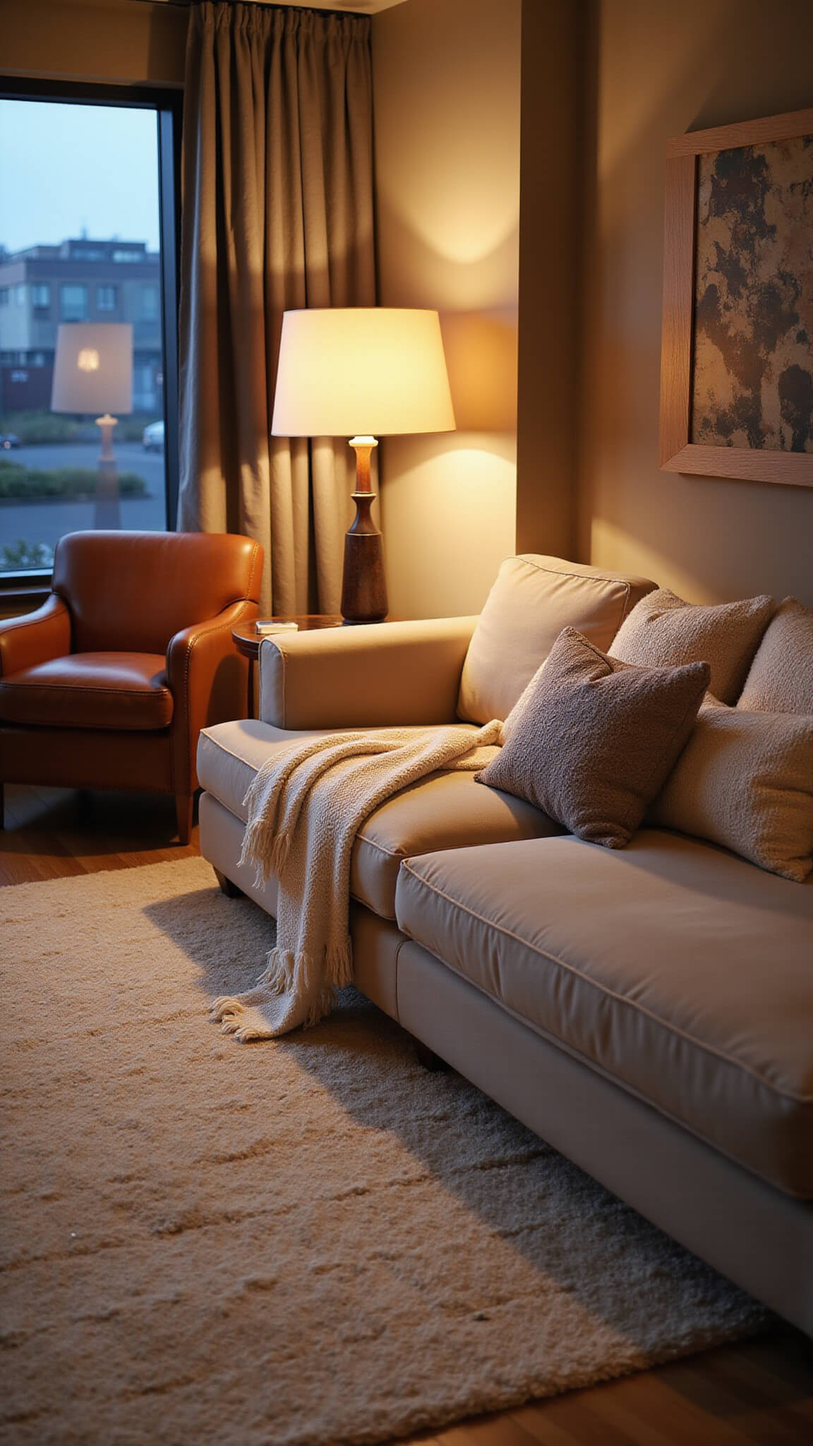 Cozy dusk-lit living room with oversized oatmeal bouclé cloud sofa, textured cushions, leather reading chair, plush ivory shag rug, and warm ambient lighting.