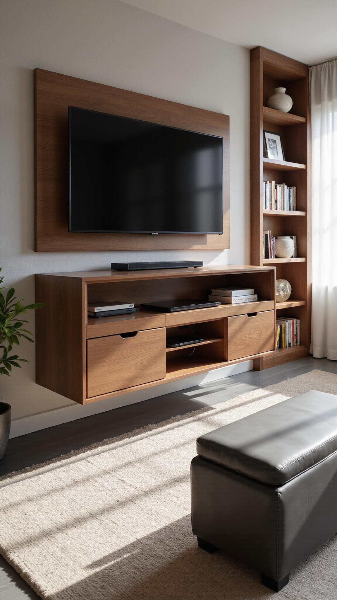 Modern 16x20ft living room with walnut and matte black finishes, featuring floating media unit with hidden charging station, multifunctional storage ottoman, and built-in bookshelf wall, captured in bright midday lighting from a high angle.