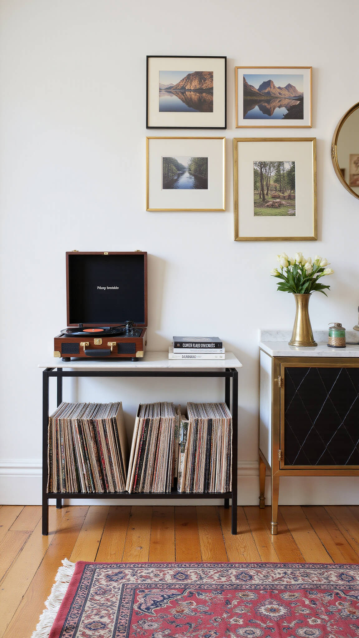 Cozy 14x16ft living space with vintage record player on floating shelf, vinyl collection below, travel photo gallery wall in brass frames, antique brass and marble coffee bar, and Persian rug in morning natural light.