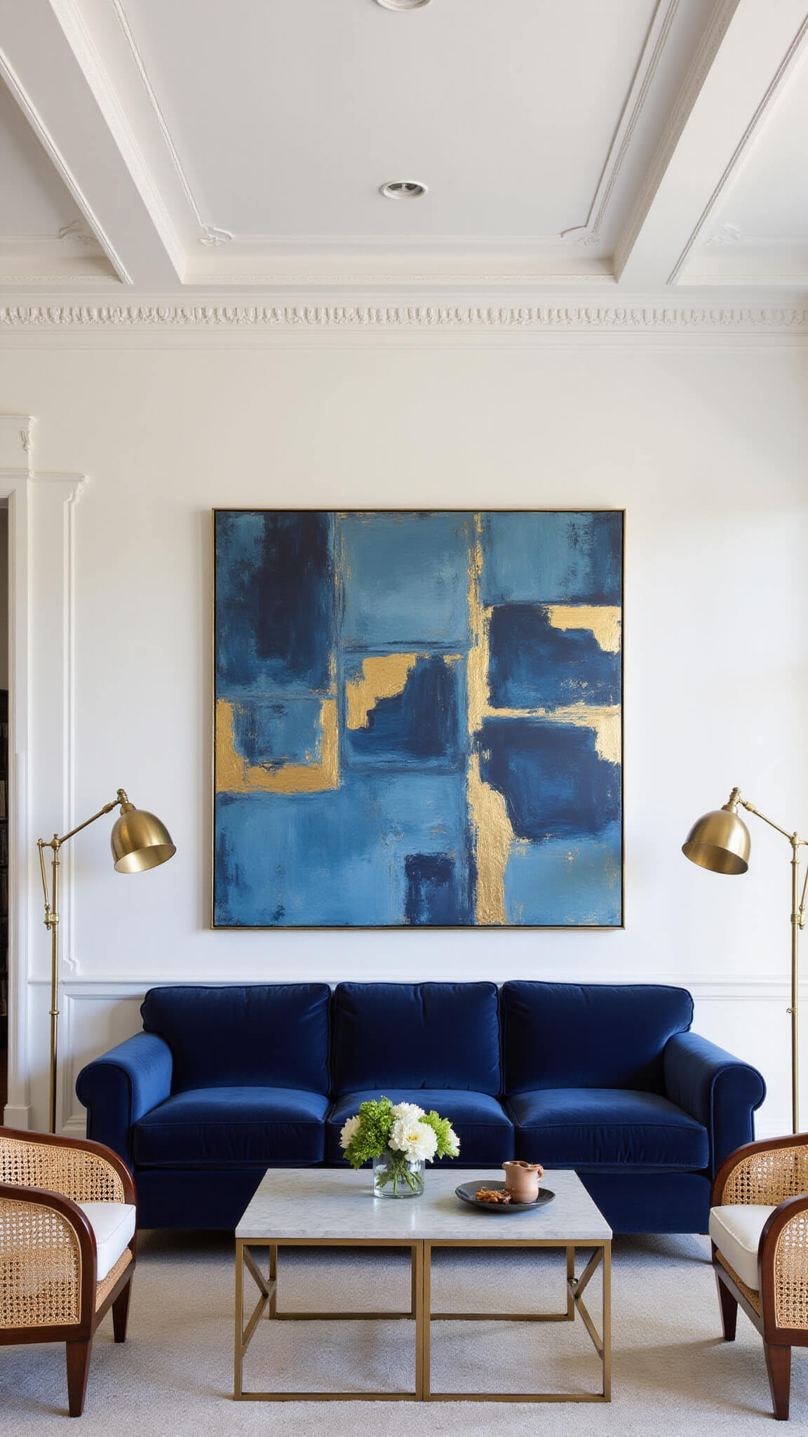 Transitional 22x26ft living room with navy velvet sofa, cane chairs, abstract blue and gold artwork, brass floor lamps, and soft afternoon lighting highlighting 12ft ceilings and molding.