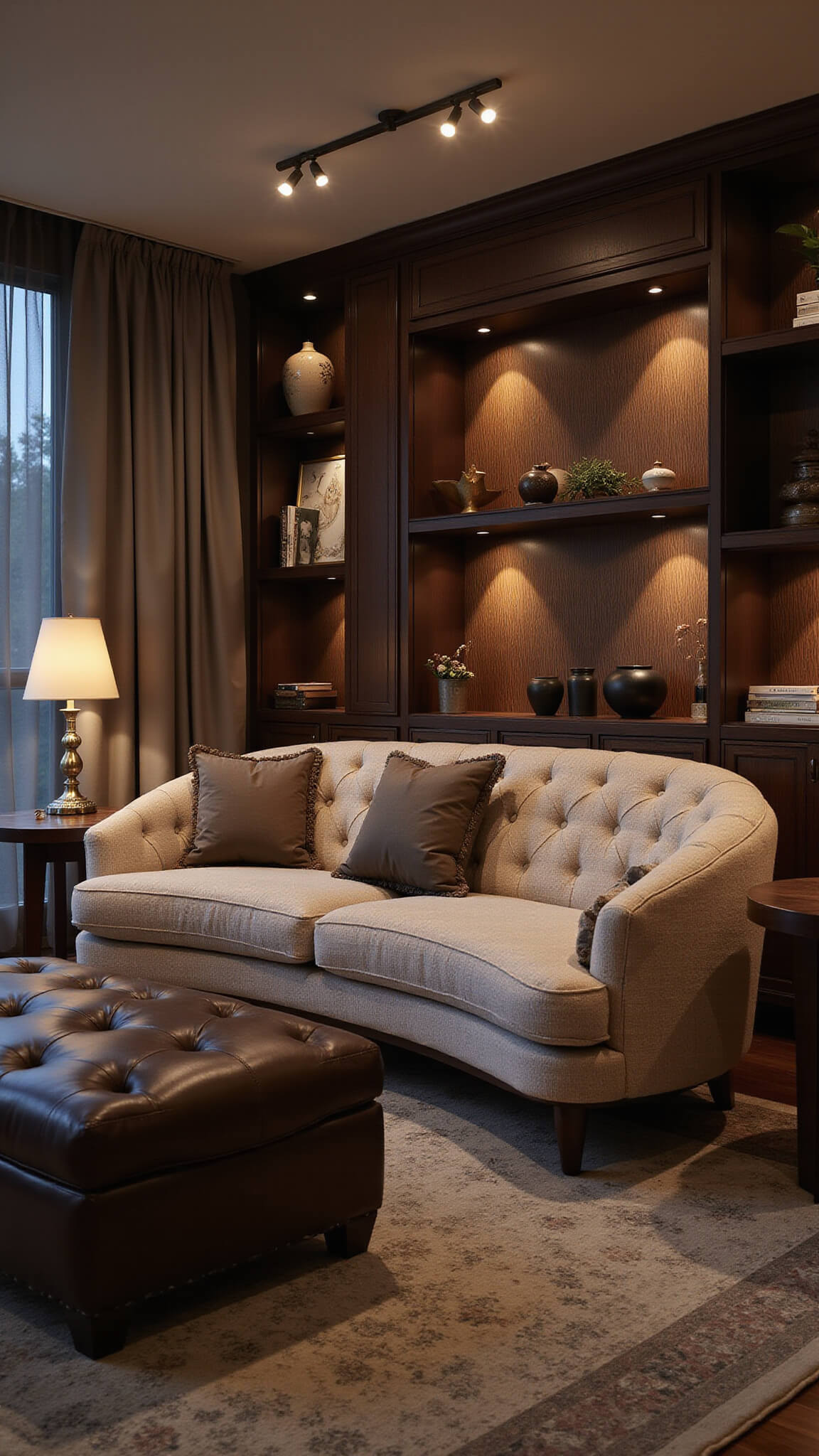 Twilight-lit cozy living room with layered lighting, curved bouclé sofa, leather ottoman, and styled built-in bookcase.