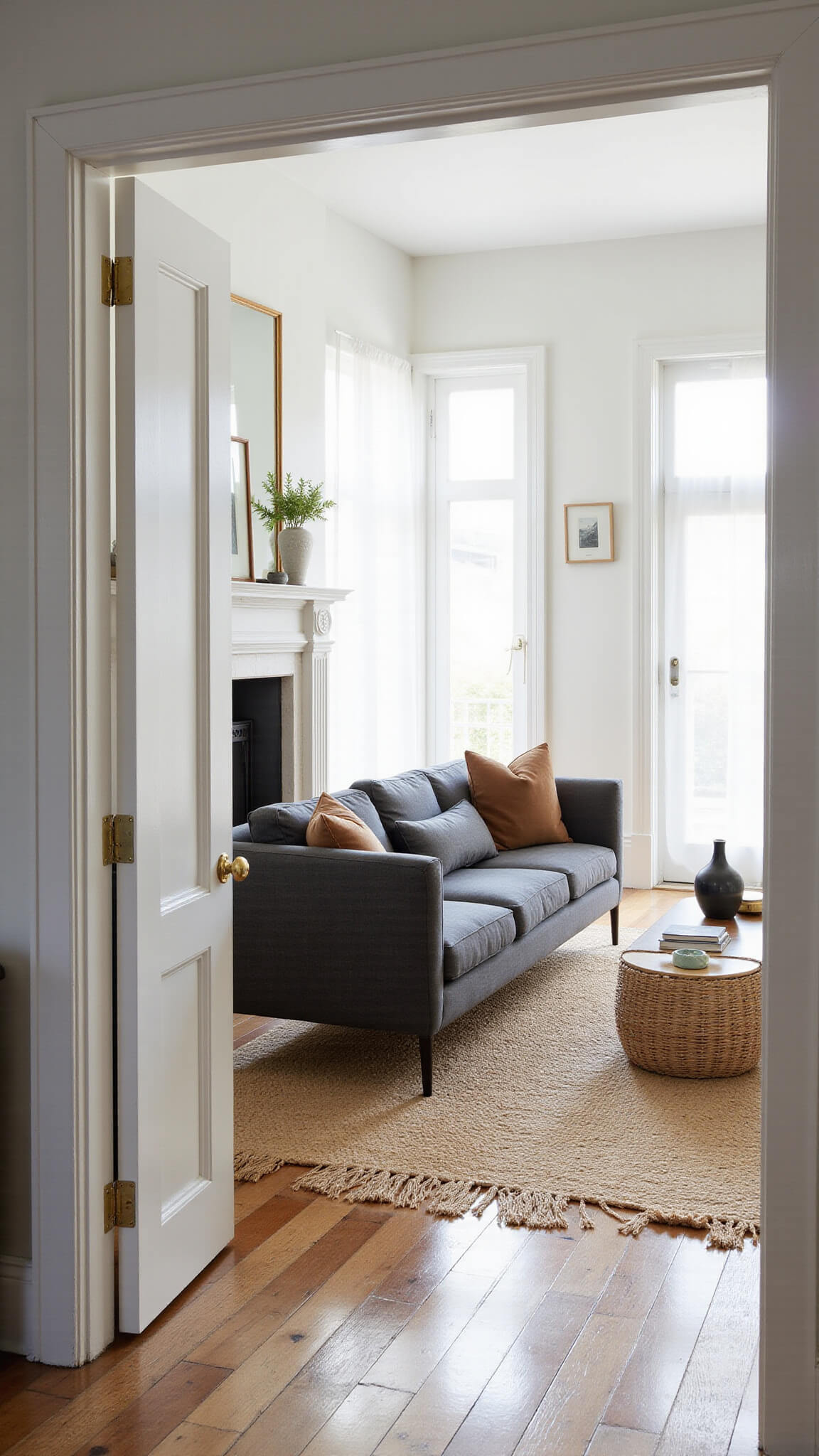 Bright, sunlit minimalist living room with charcoal sofa, jute rug, and brass accents seen from doorway.
