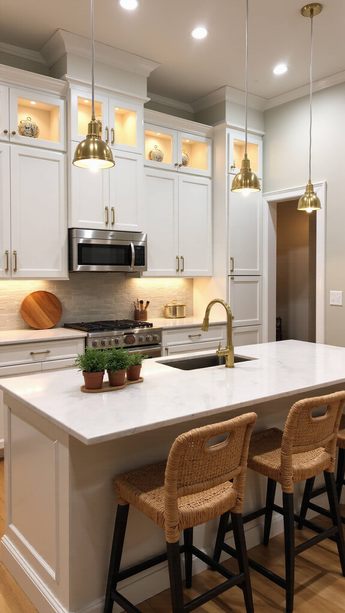 Modern open-concept kitchen at golden hour with white shaker cabinets, marble countertops, brass hardware, rattan barstools, layered lighting, and warm, inviting ambiance.