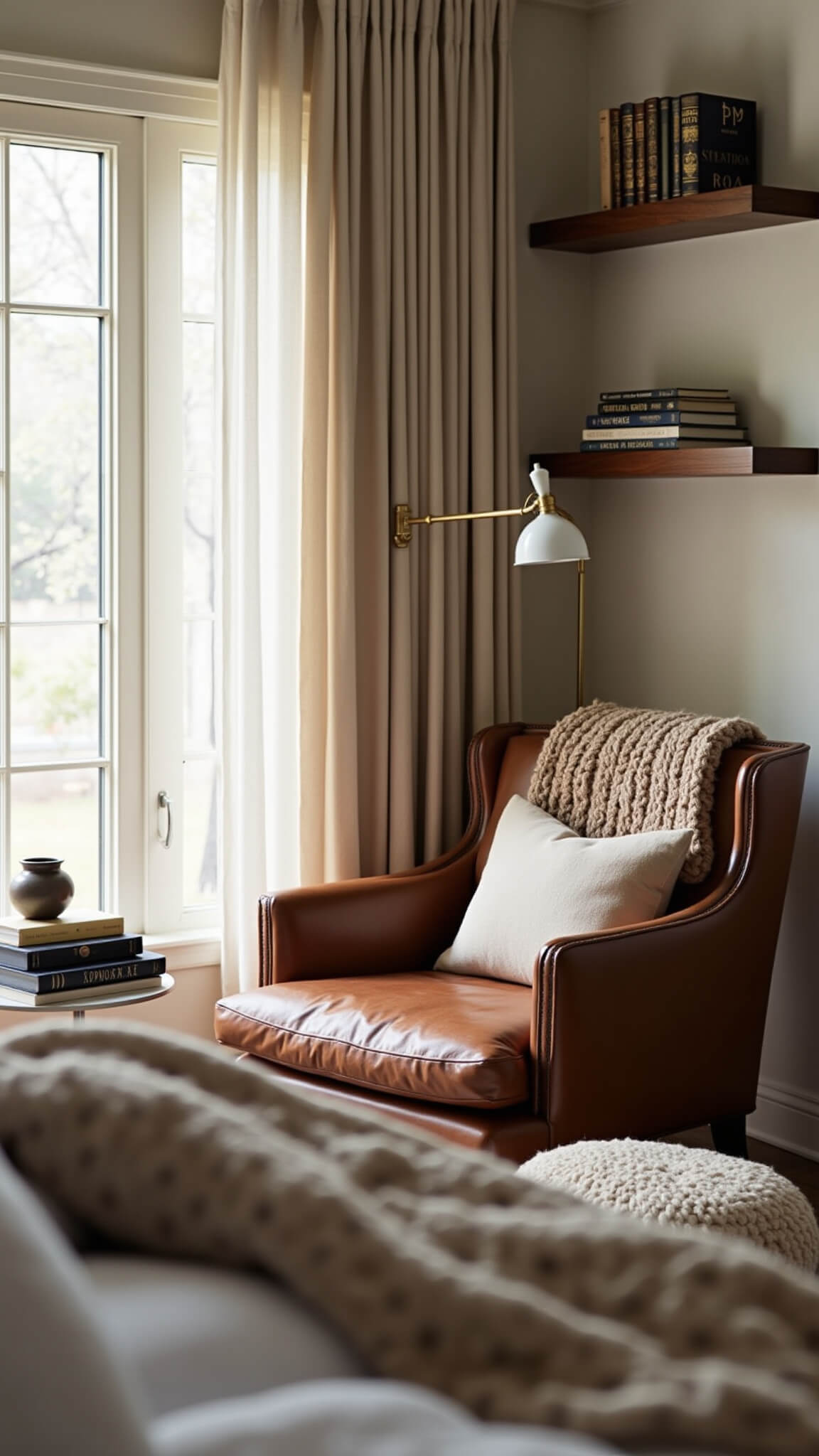 Cozy reading nook with vintage leather armchair, brass floor lamp, floating shelves, and textured decor in soft afternoon light.
