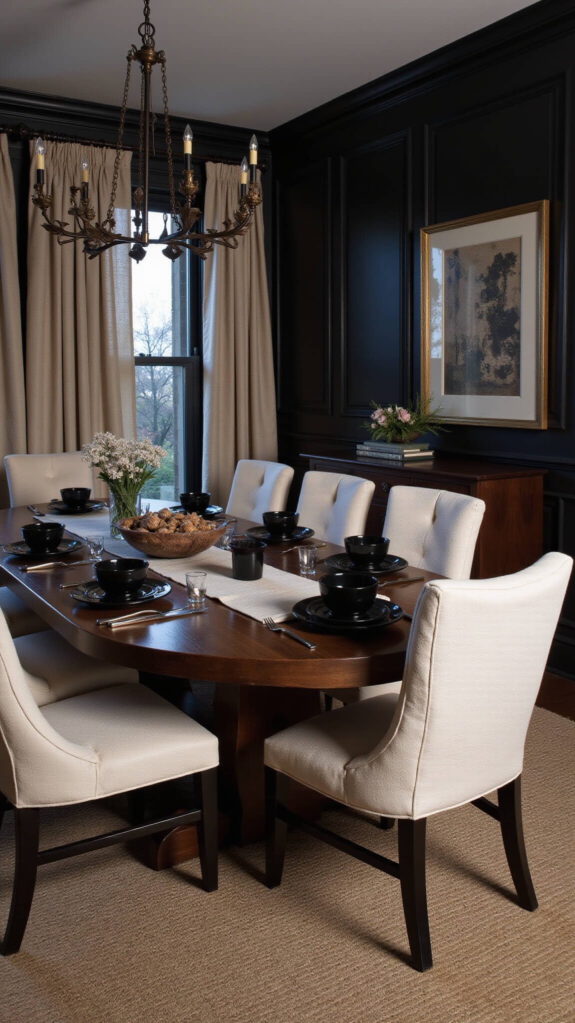 Dramatic dusk-lit dining room with dark walnut oval table, vintage cream bouclé chairs, statement chandelier, and moody atmosphere.