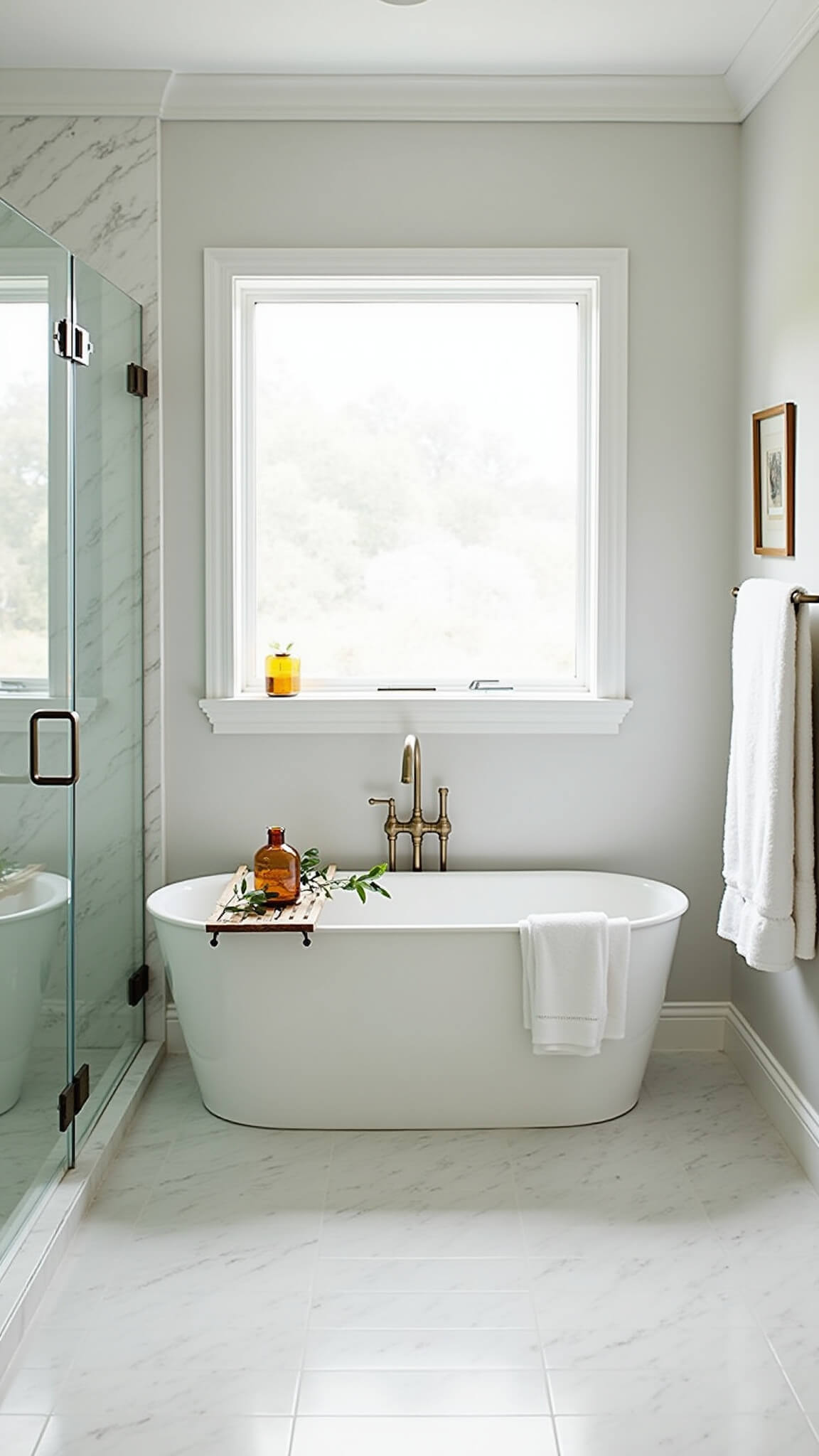 Spa-inspired master bathroom with marble tile flooring, freestanding soaking tub under window, glass shower enclosure, mixed metal fixtures, and natural accents in soft lighting.