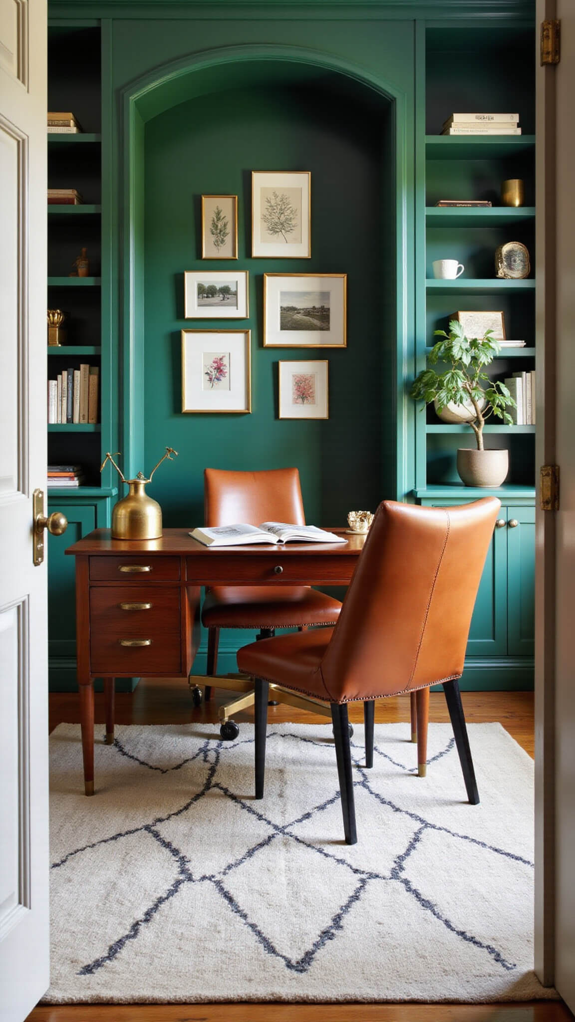 Eclectic home office with emerald green accent wall, walnut mid-century desk, vintage leather chair, built-in bookshelves, mixed metallic framed art, brass accessories, fiddle leaf fig, and geometric rug in afternoon light.