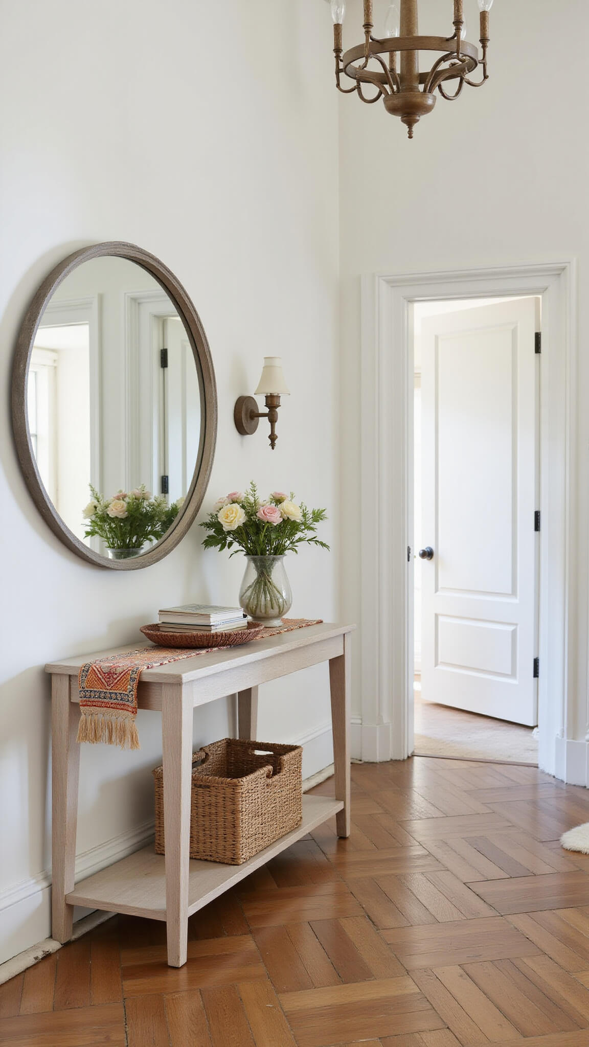 Welcoming entryway with 12ft ceilings, herringbone hardwood floors, bleached oak console, round mirror, floral arrangement, Turkish runner, woven basket, and soft lighting.