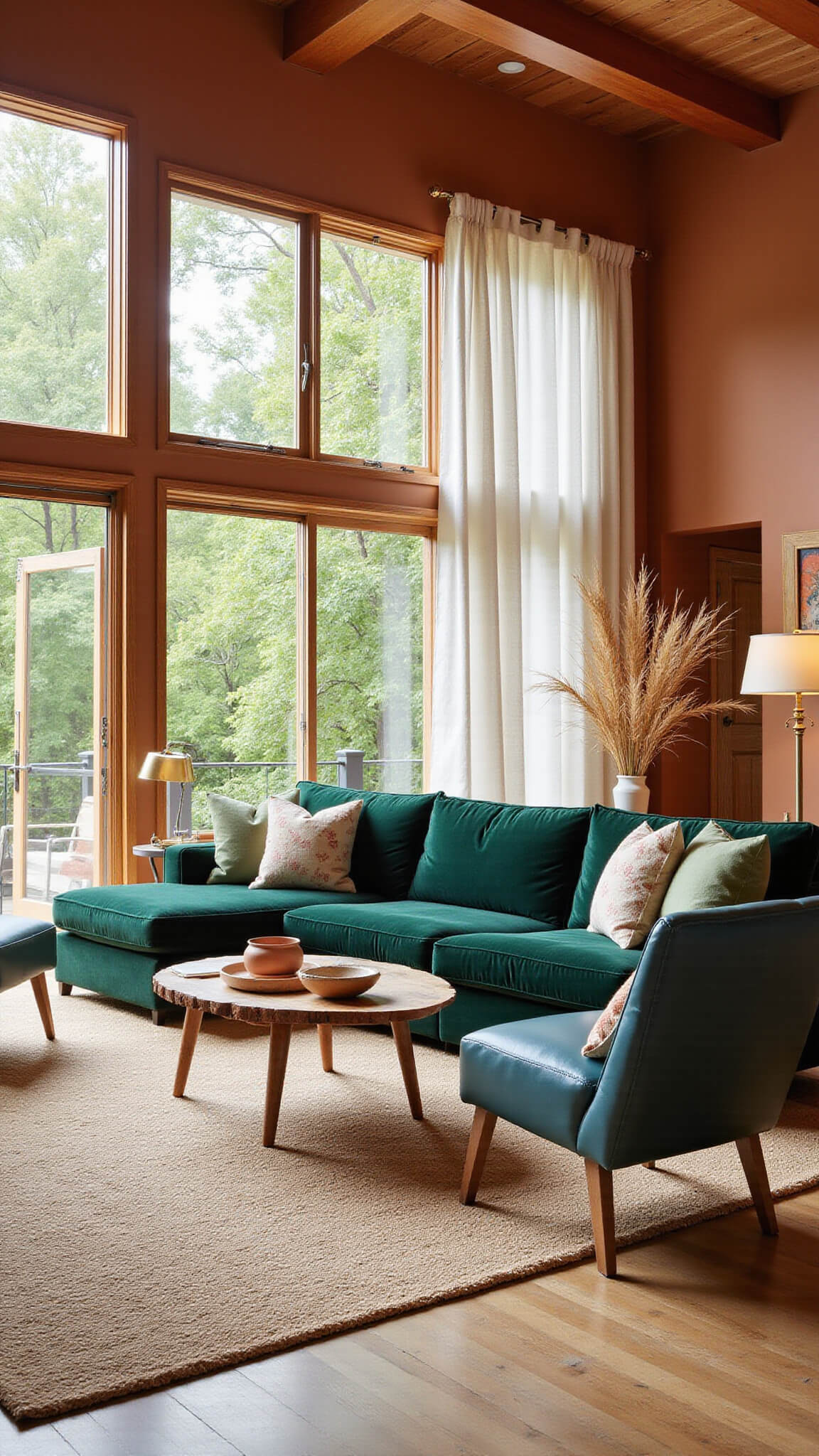 Sunlit living room with high exposed-beam ceilings, forest green velvet sectional, terracotta walls, ocean blue leather chairs, jute rug, and natural wood coffee table.
