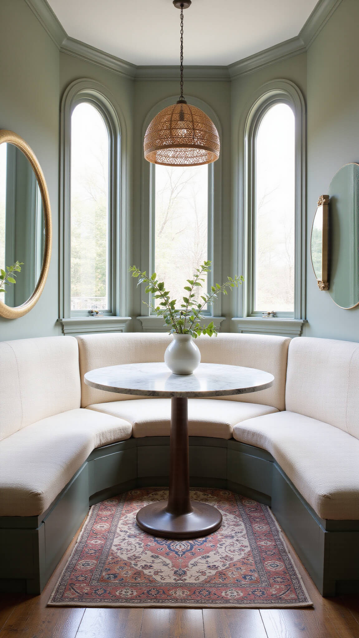 Curved breakfast nook with cream bouclé seating, round marble table on muted Persian rug, and arched windows reflecting morning light.