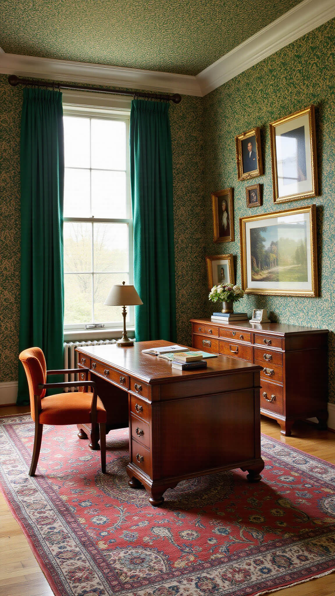 Maximalist home office with emerald and gold William Morris-style wallpaper, vintage mahogany desk, burnt orange velvet chair, gallery wall of mixed art in brass frames, layered jewel-toned rugs, and emerald velvet curtains in golden hour lighting.