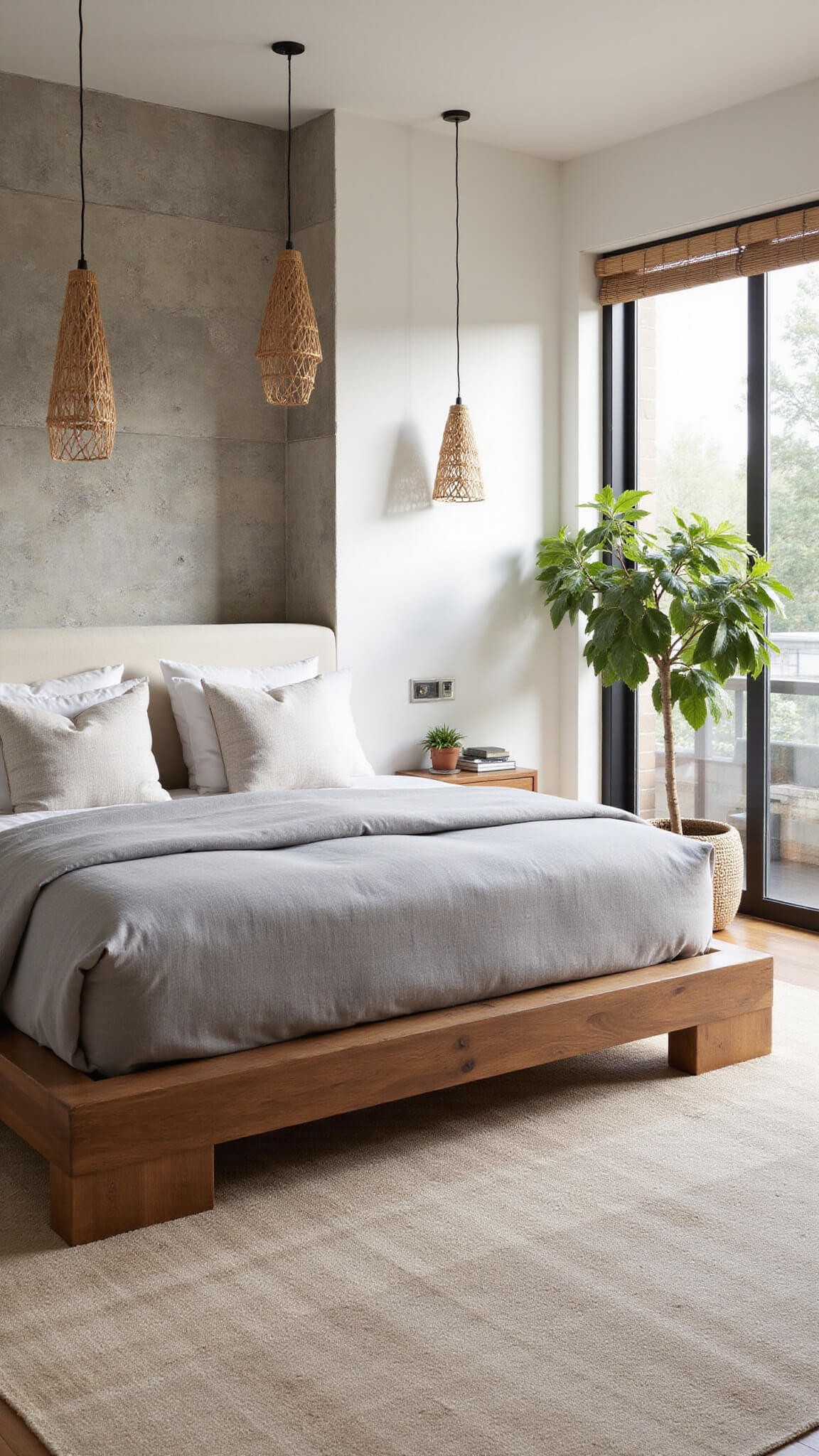 Zen-inspired primary bedroom with reclaimed teak platform bed, raw limestone accent wall, bamboo pendant lights, and natural-toned rug under soft diffused light.