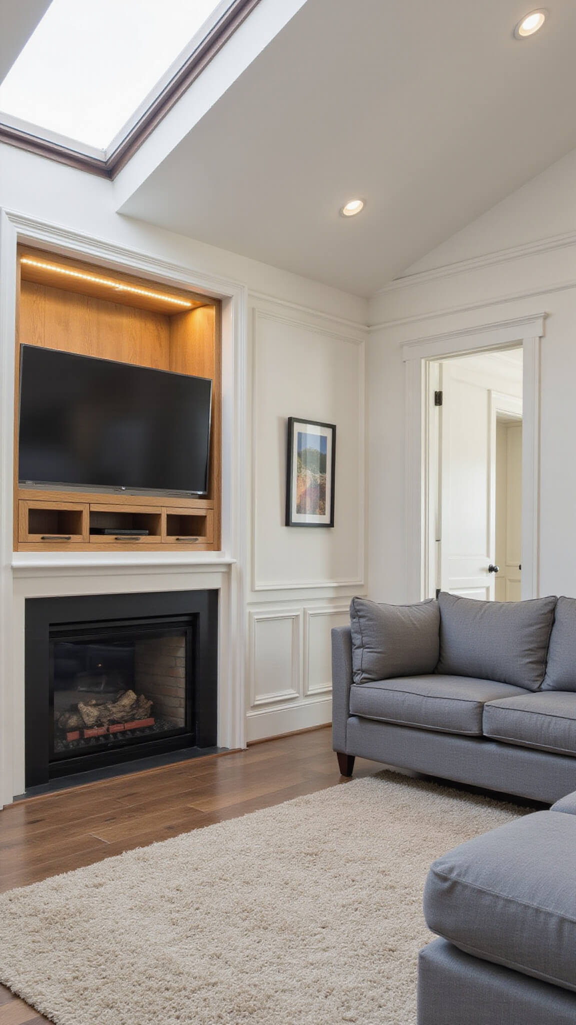 Smart 14x16ft multifunctional room with hidden TV in figured maple credenza, modular sofa, skylight, built-in speakers, wireless charging tables, and ambient LED lighting.