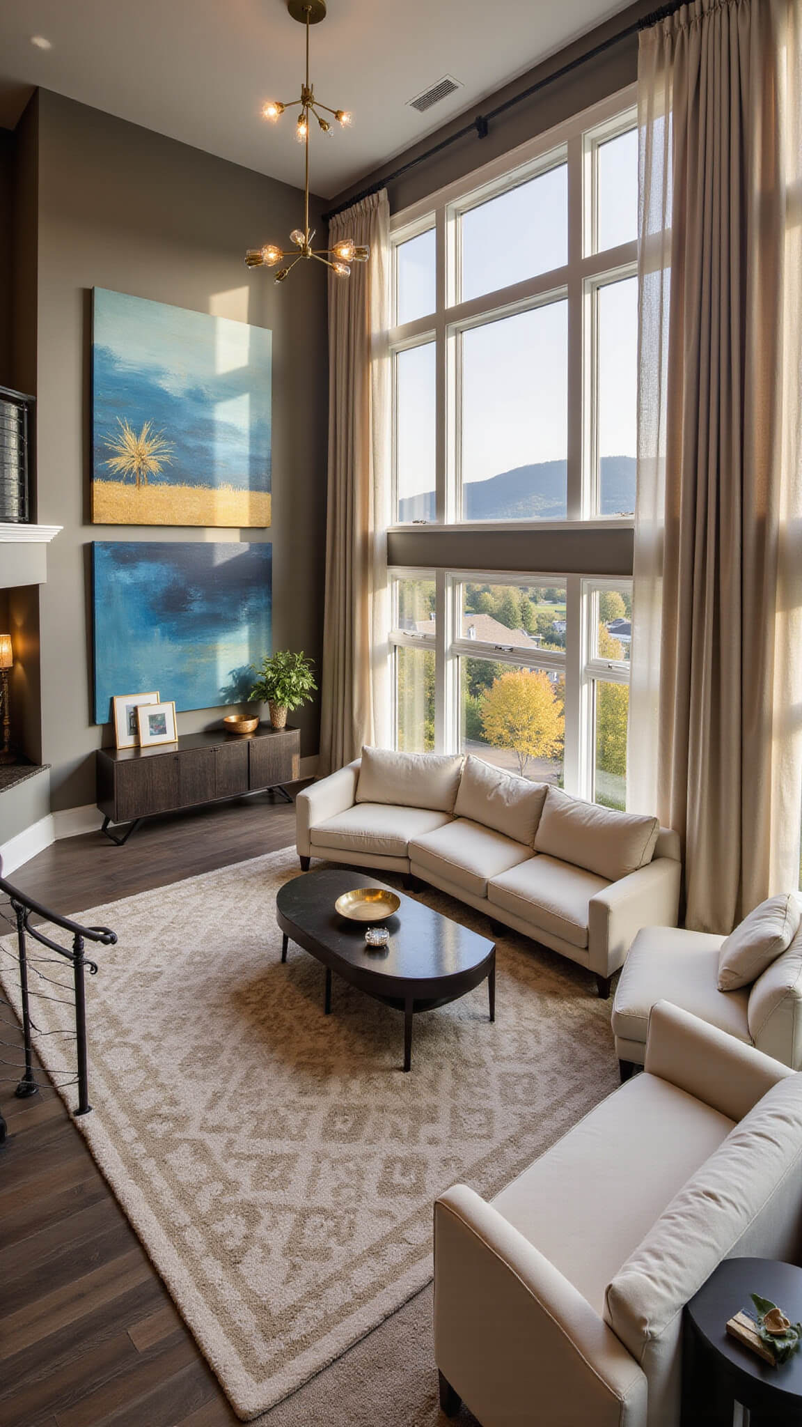Wide-angle view of a luxurious great room with double-height windows, curved LED-lit staircase, cream bouclé modular seating, abstract blue and gold artwork, and geometric Himalayan wool rug at golden hour.